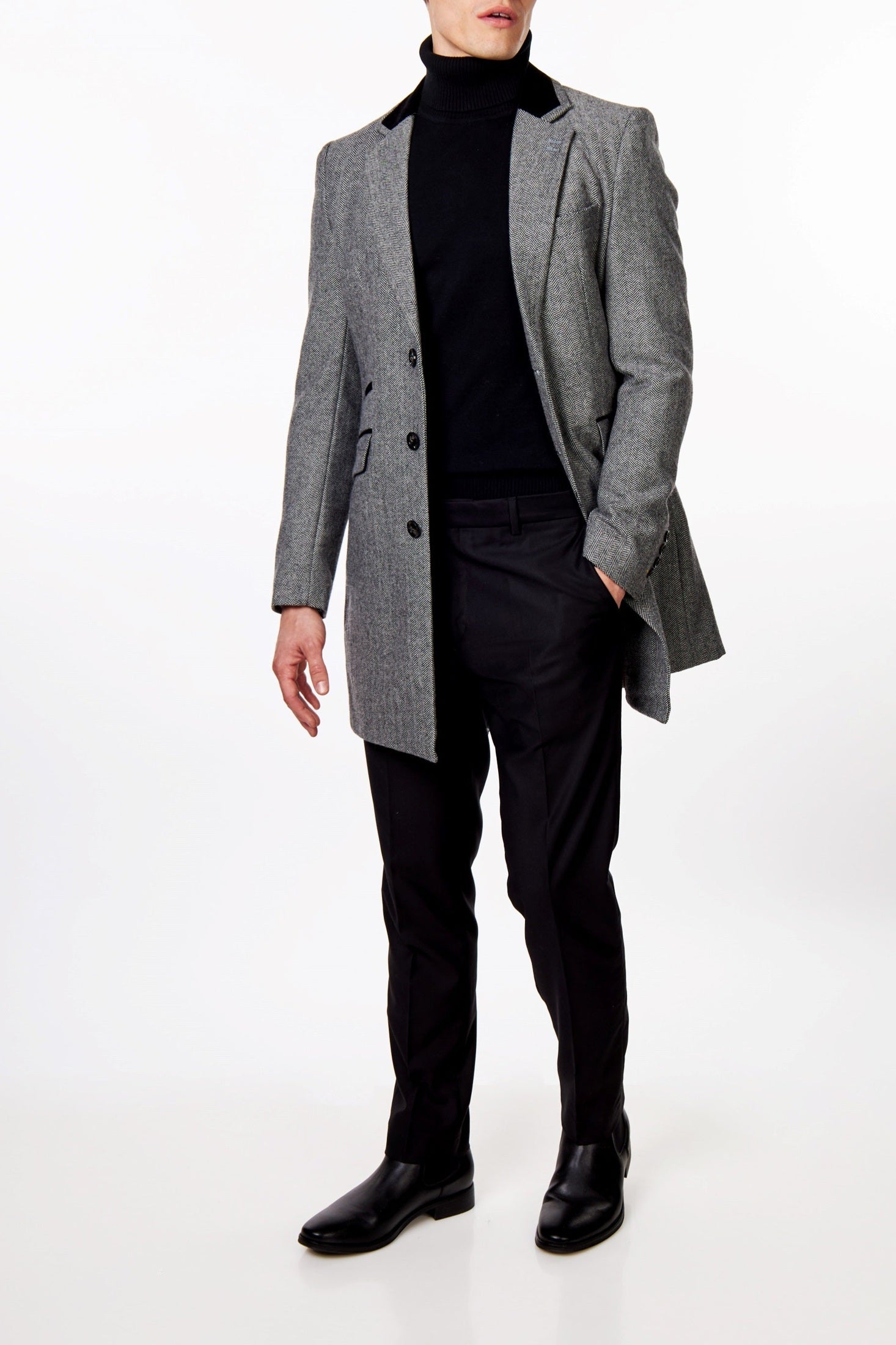 COSMO – HERRINGBONE WOOL BLEND LONG OVERCOAT IN GREY