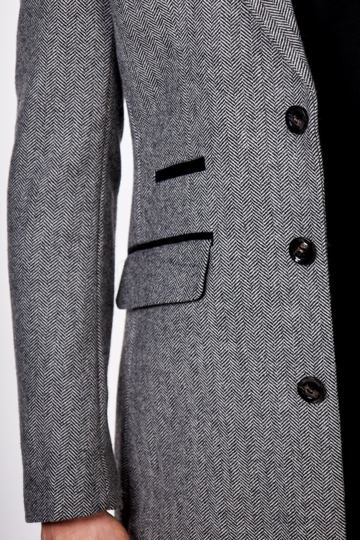 COSMO – HERRINGBONE WOOL BLEND LONG OVERCOAT IN GREY