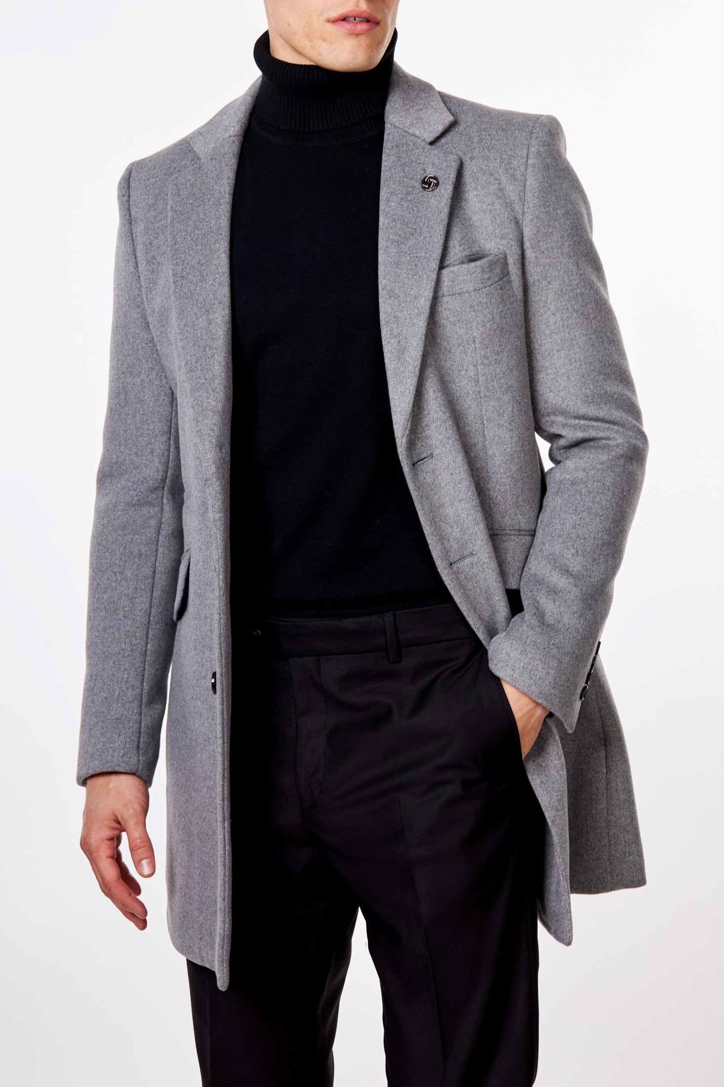 NATE - GREY LONG WOOL BLEND OVERCOAT