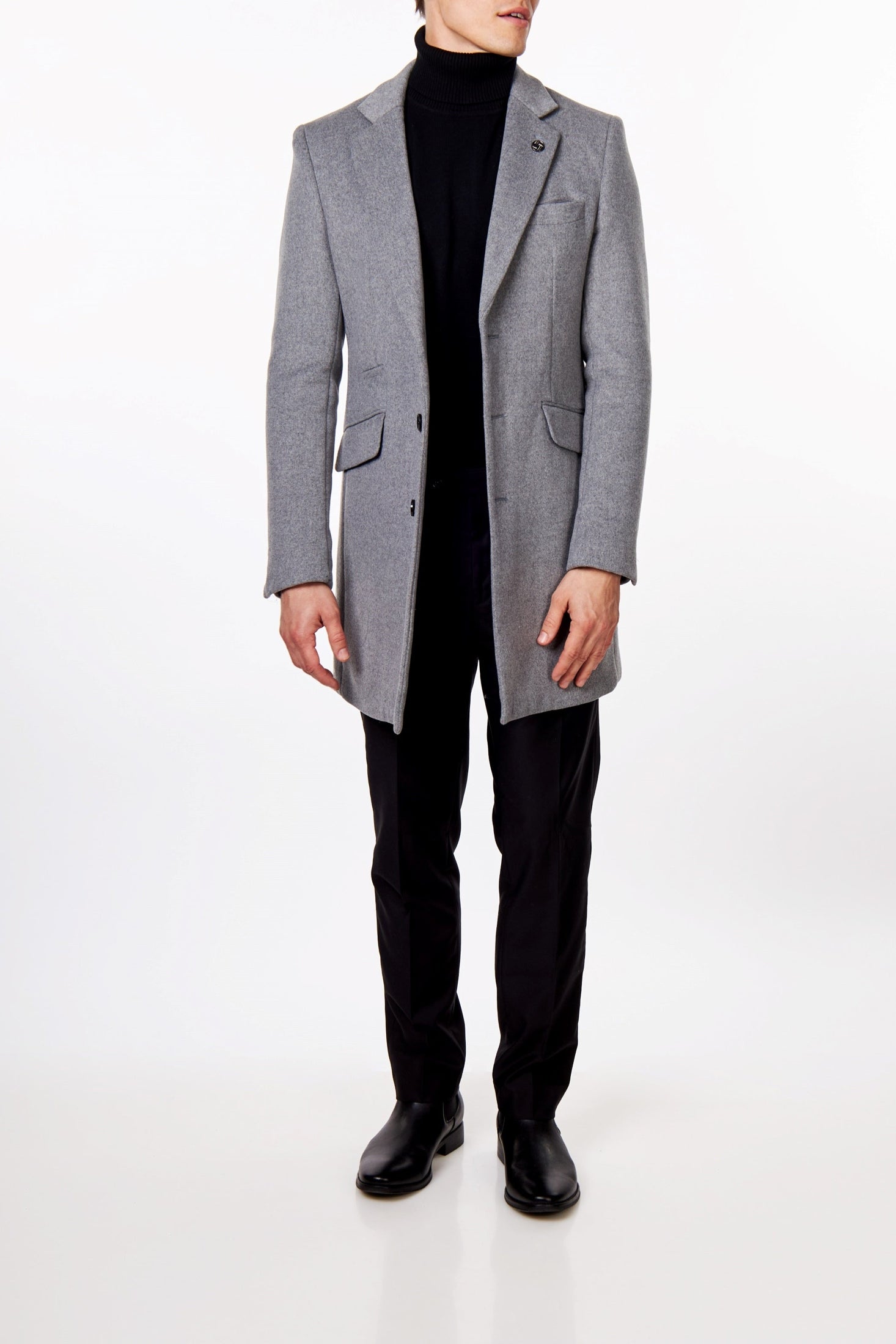 NATE - GREY LONG WOOL BLEND OVERCOAT