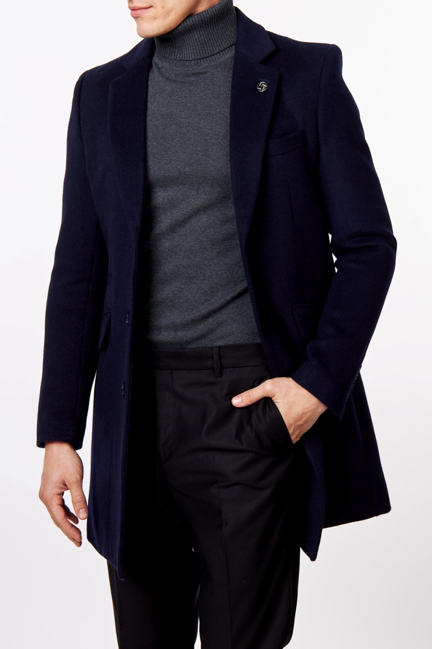 NATE - NAVY LONG WOOL BLEND OVERCOAT