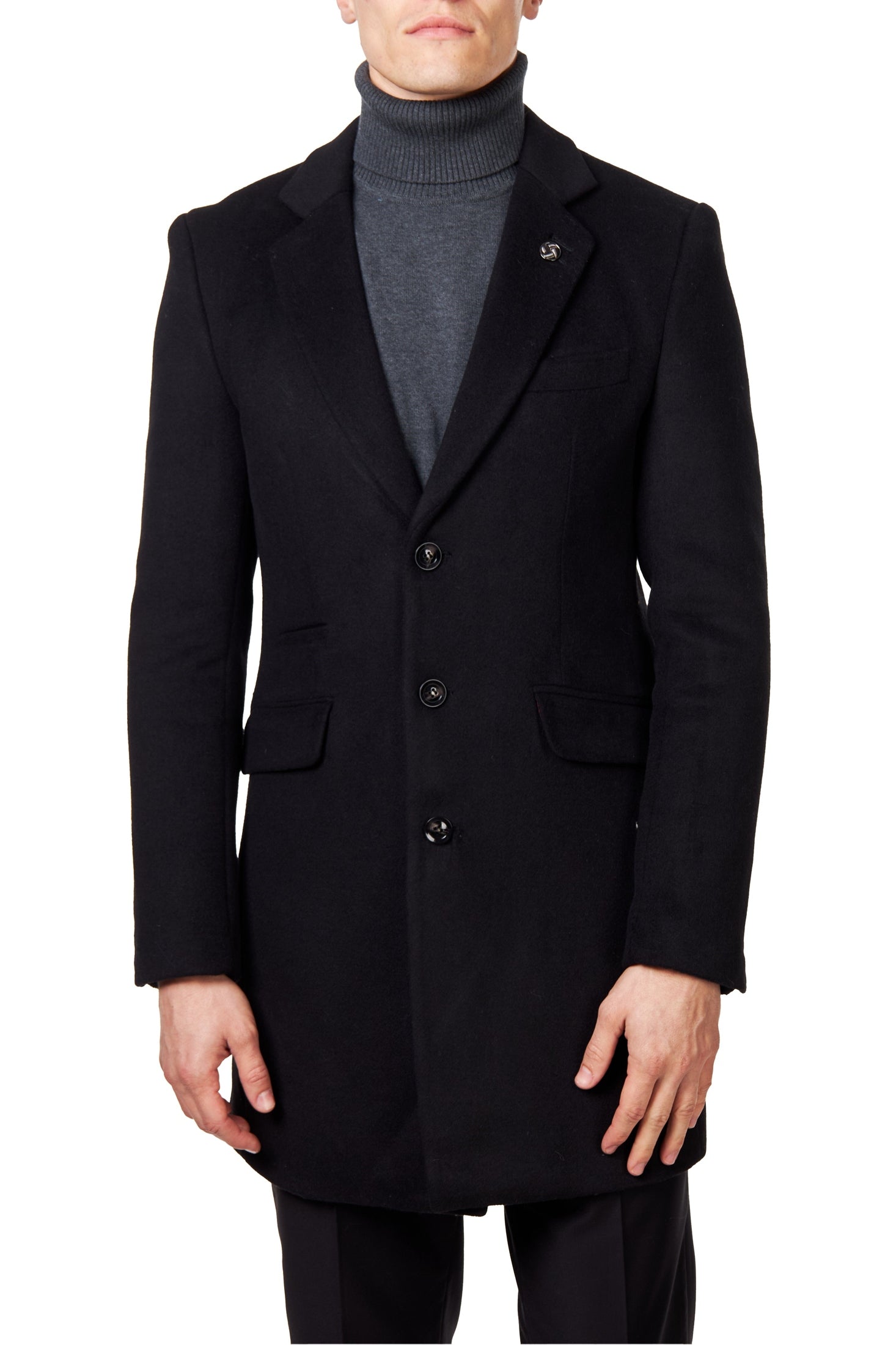 NATE - BLACK WOOL BLEND LONG OVERCOAT