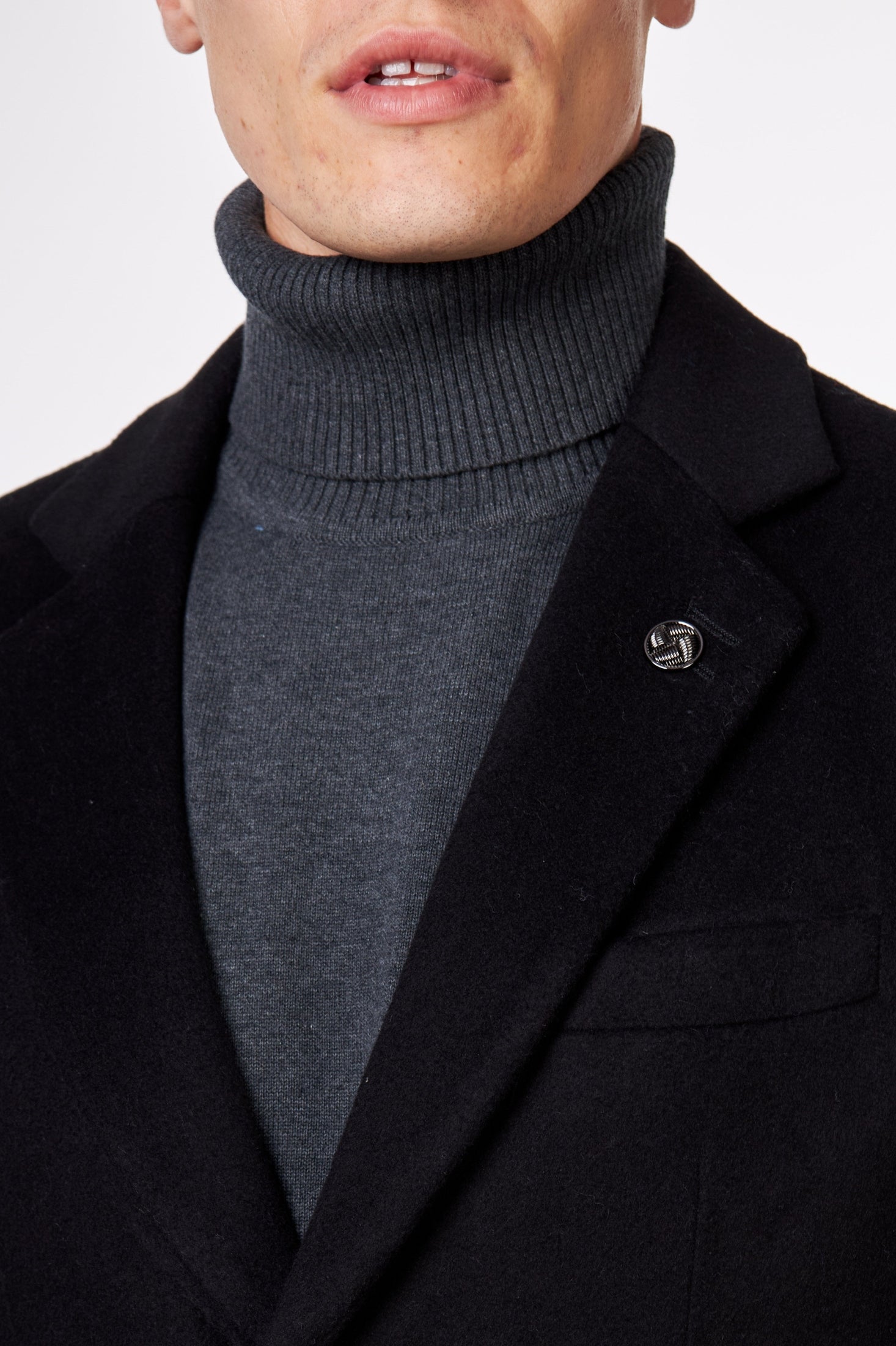 NATE - BLACK WOOL BLEND LONG OVERCOAT