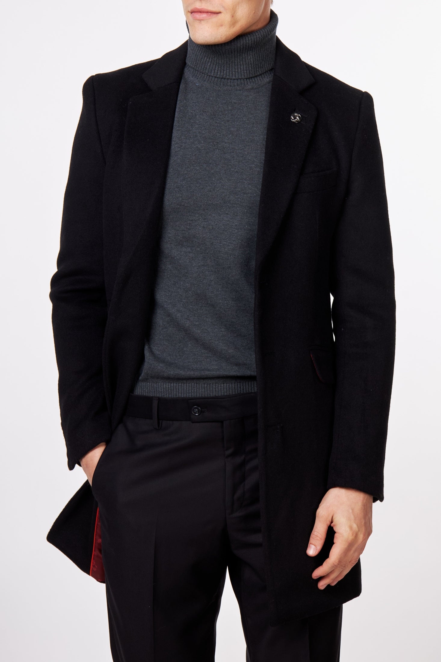 NATE - BLACK WOOL BLEND LONG OVERCOAT