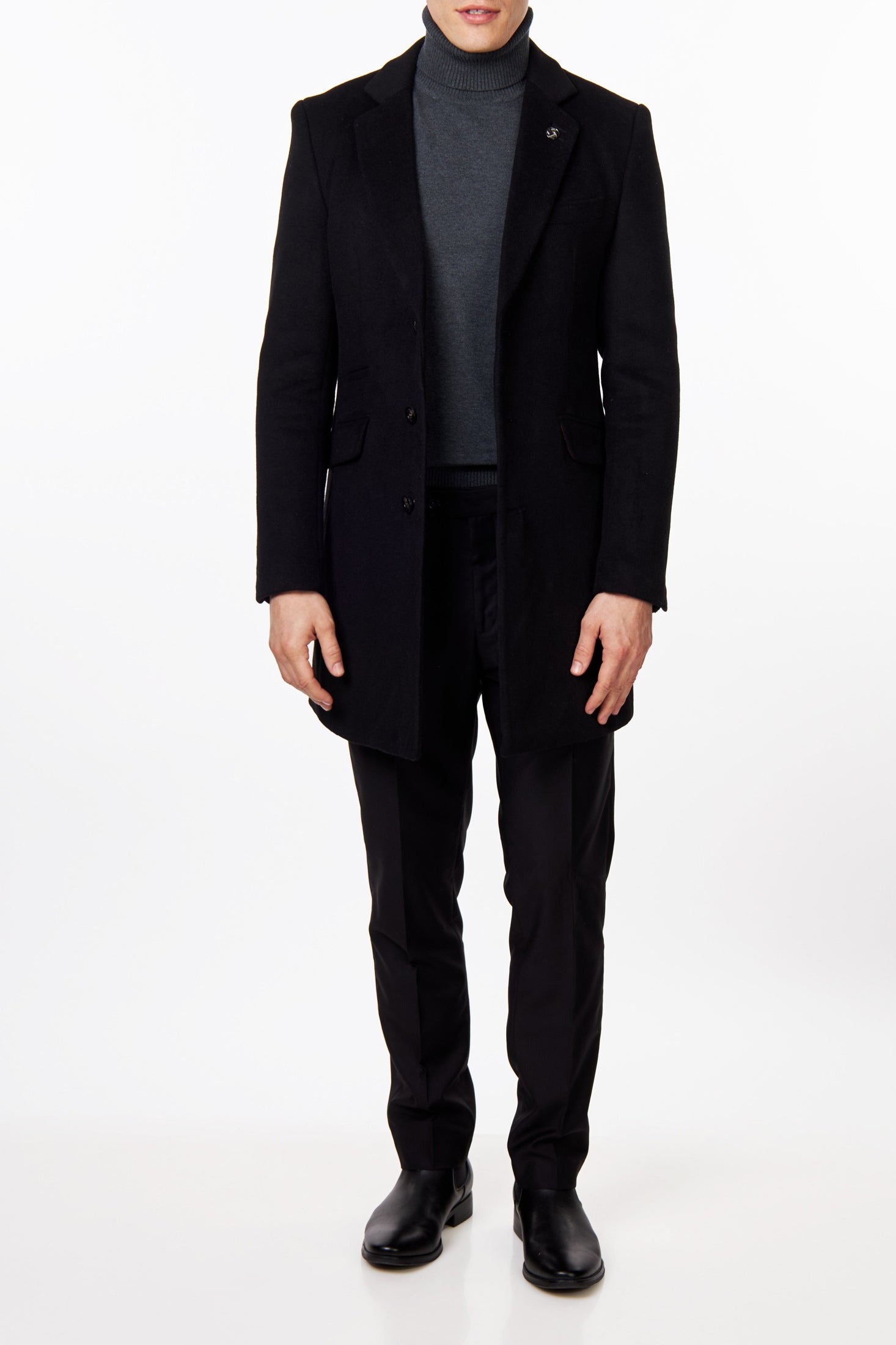 NATE - BLACK WOOL BLEND LONG OVERCOAT