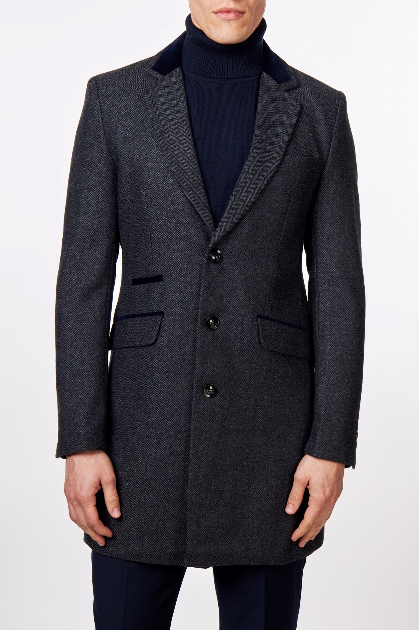 COSMO – GREY HERRINGBONE WOOL BLEND LONG OVERCOAT