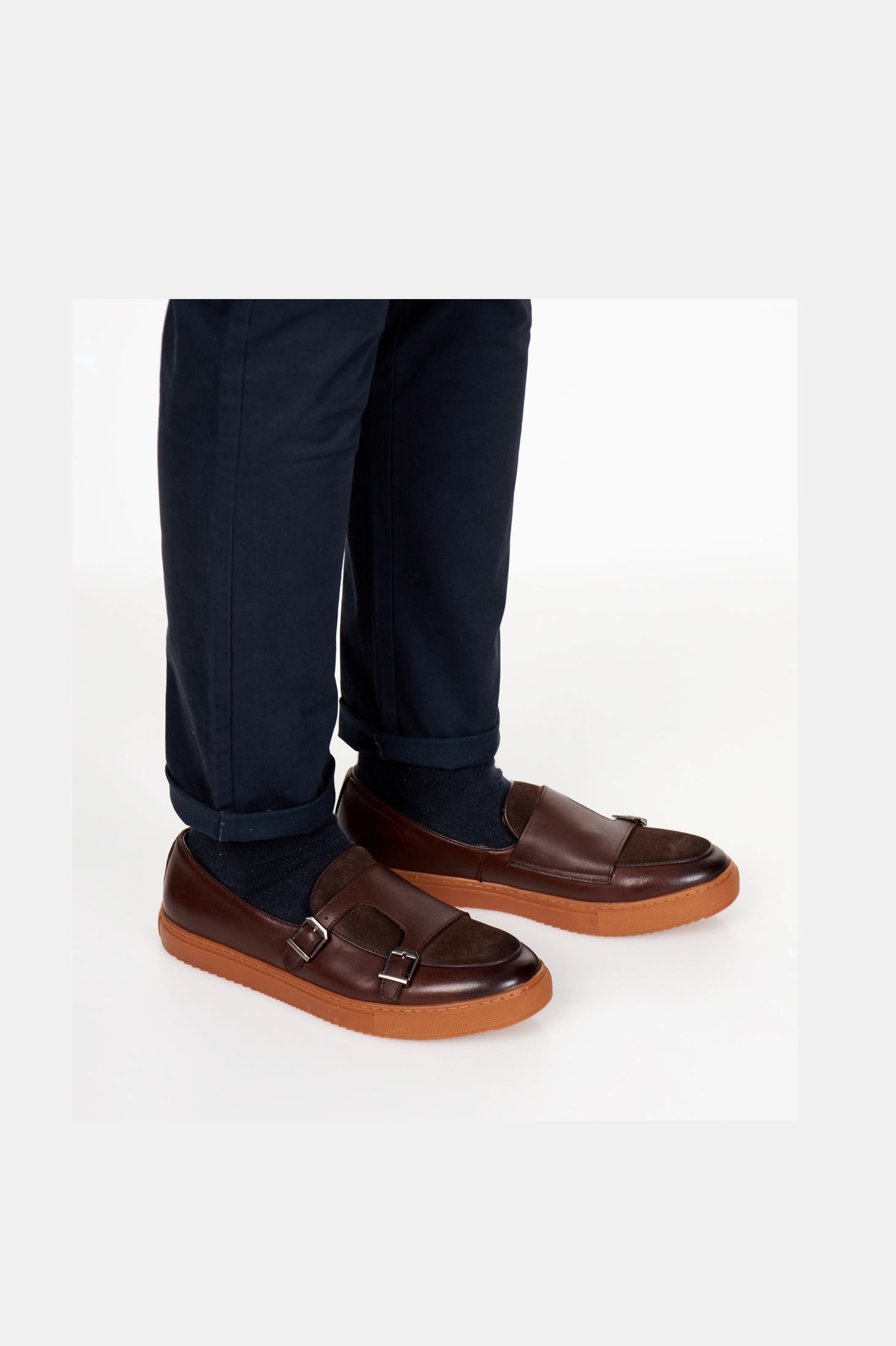 BROWN LEATHER & SUEDE DOUBLE MONK SNEAKERS