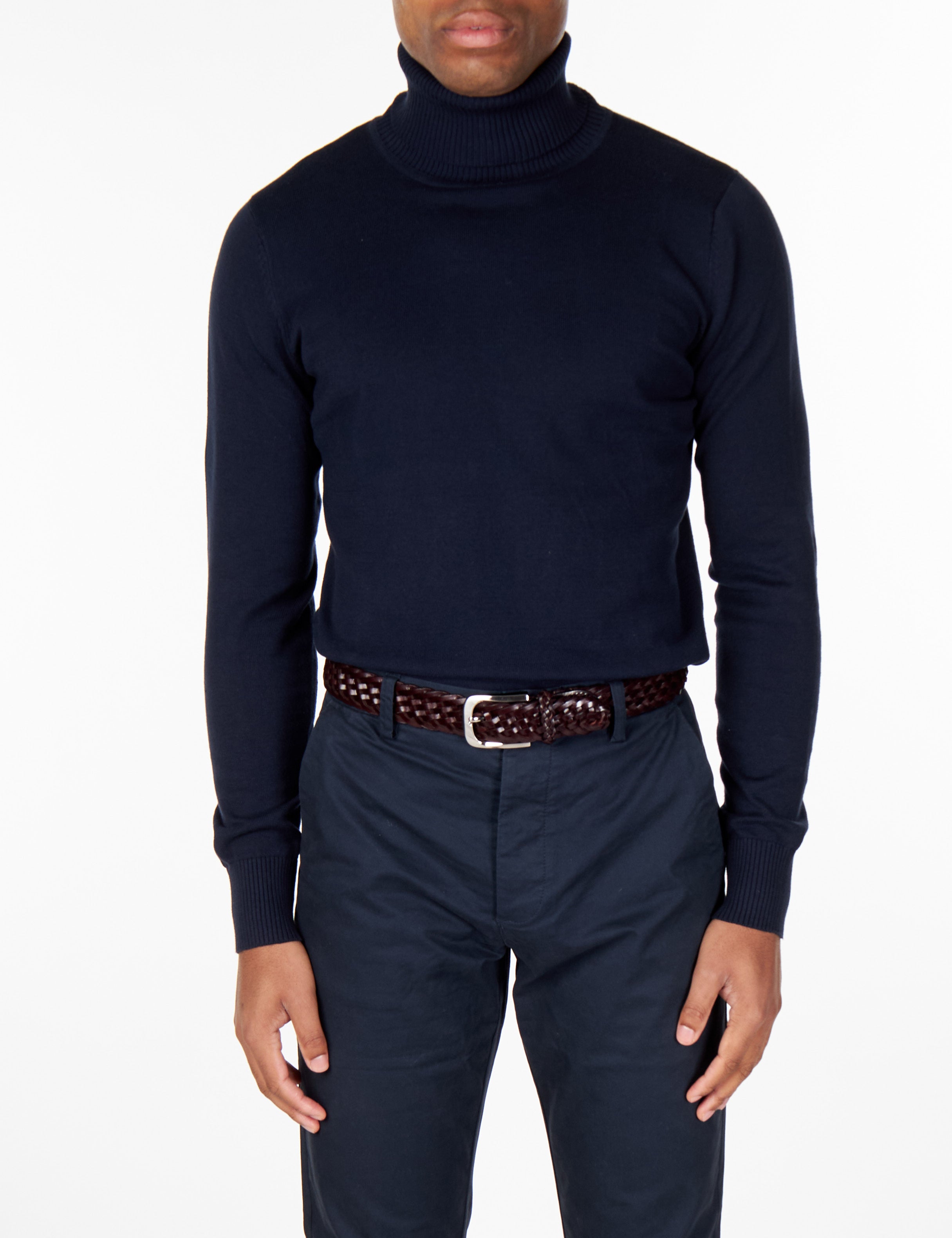 G 1808 - Mens Roll Neck Navy Jumper Soft Cotton Fine Knitted