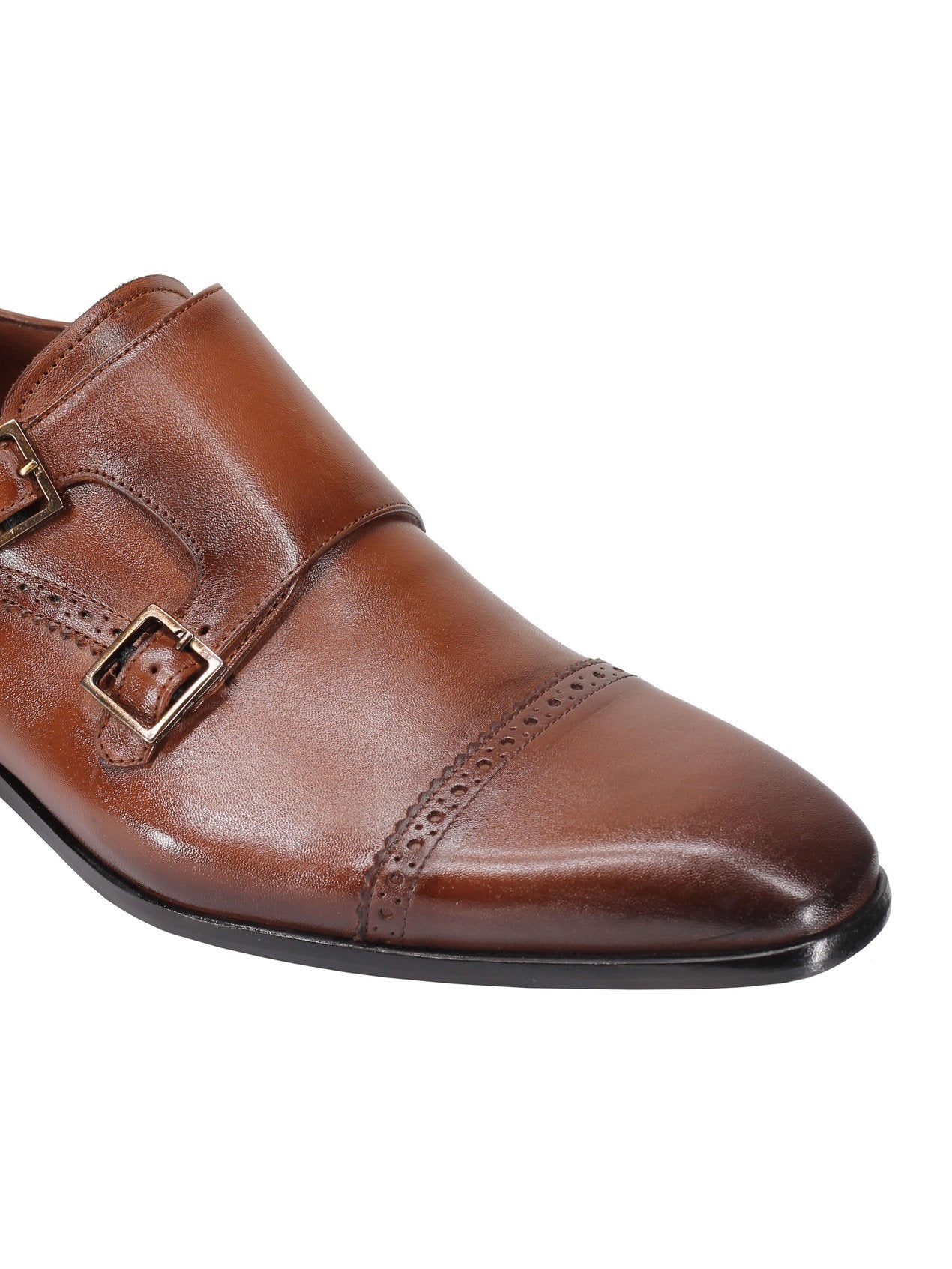 BROWN CALF LEATHER SEMI BROGUE MONK SHOES