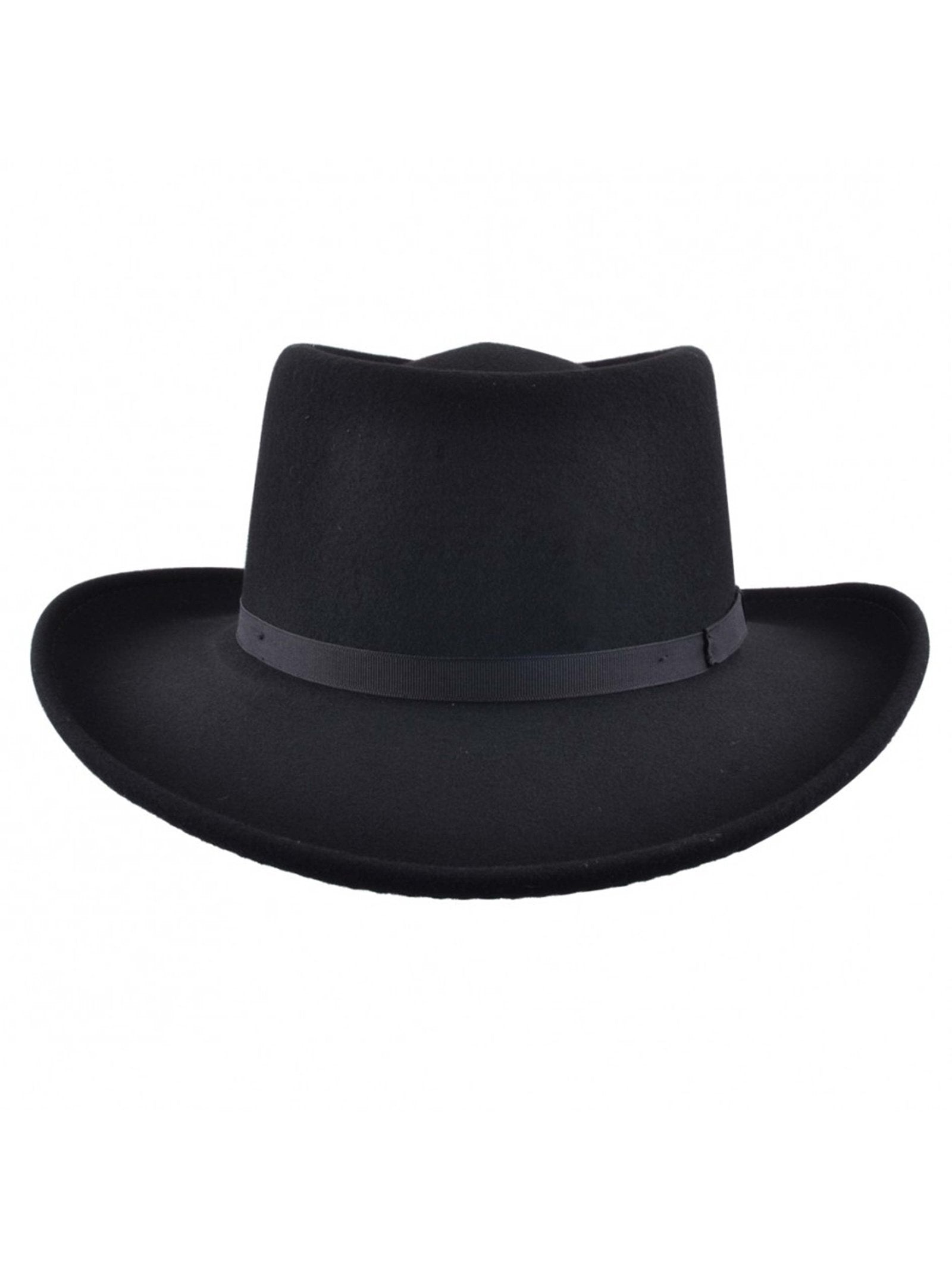 Mens Black Vintage 100% Wool Felt Crushable Gambler Cowboy Hat Curved Wide Brim