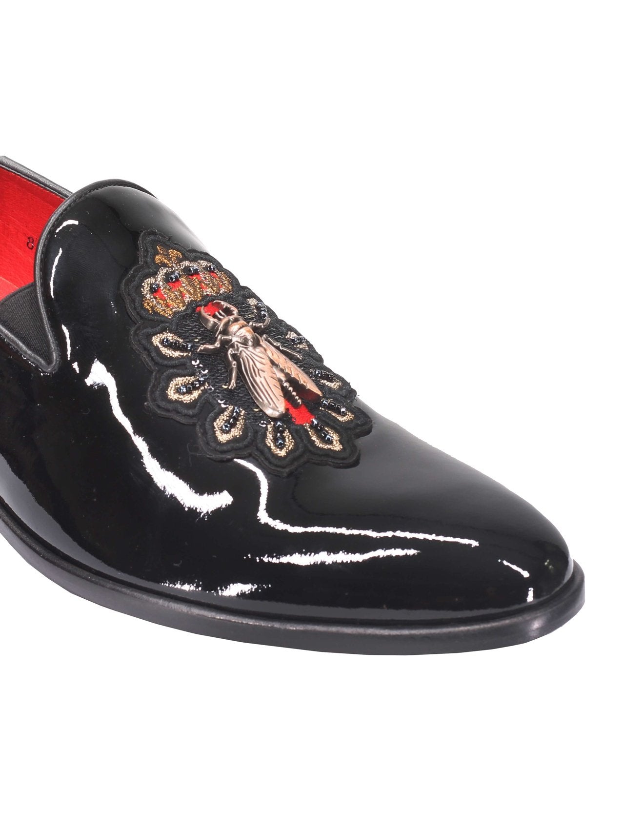 Mens Black Patent Loafers Embroidery Crown & Bee Baroque Real Leather Sole Shoes
