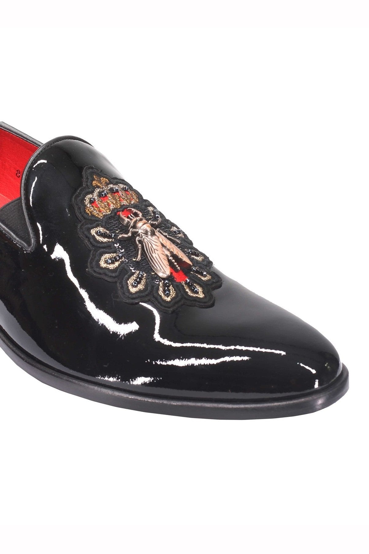 Mens Black Patent Loafers Embroidery Crown & Bee Baroque Real Leather Sole Shoes
