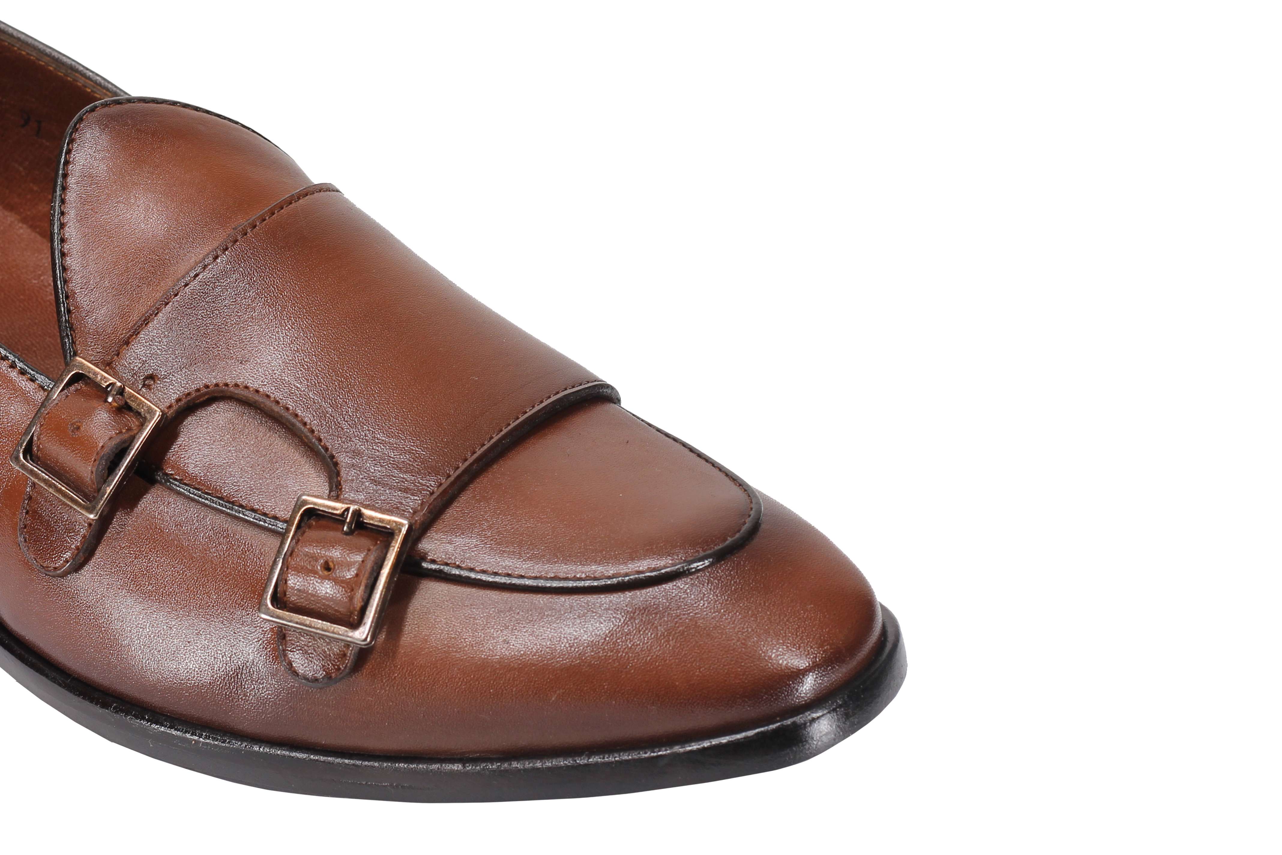 Tan Calf Leather Double Monk Shoes