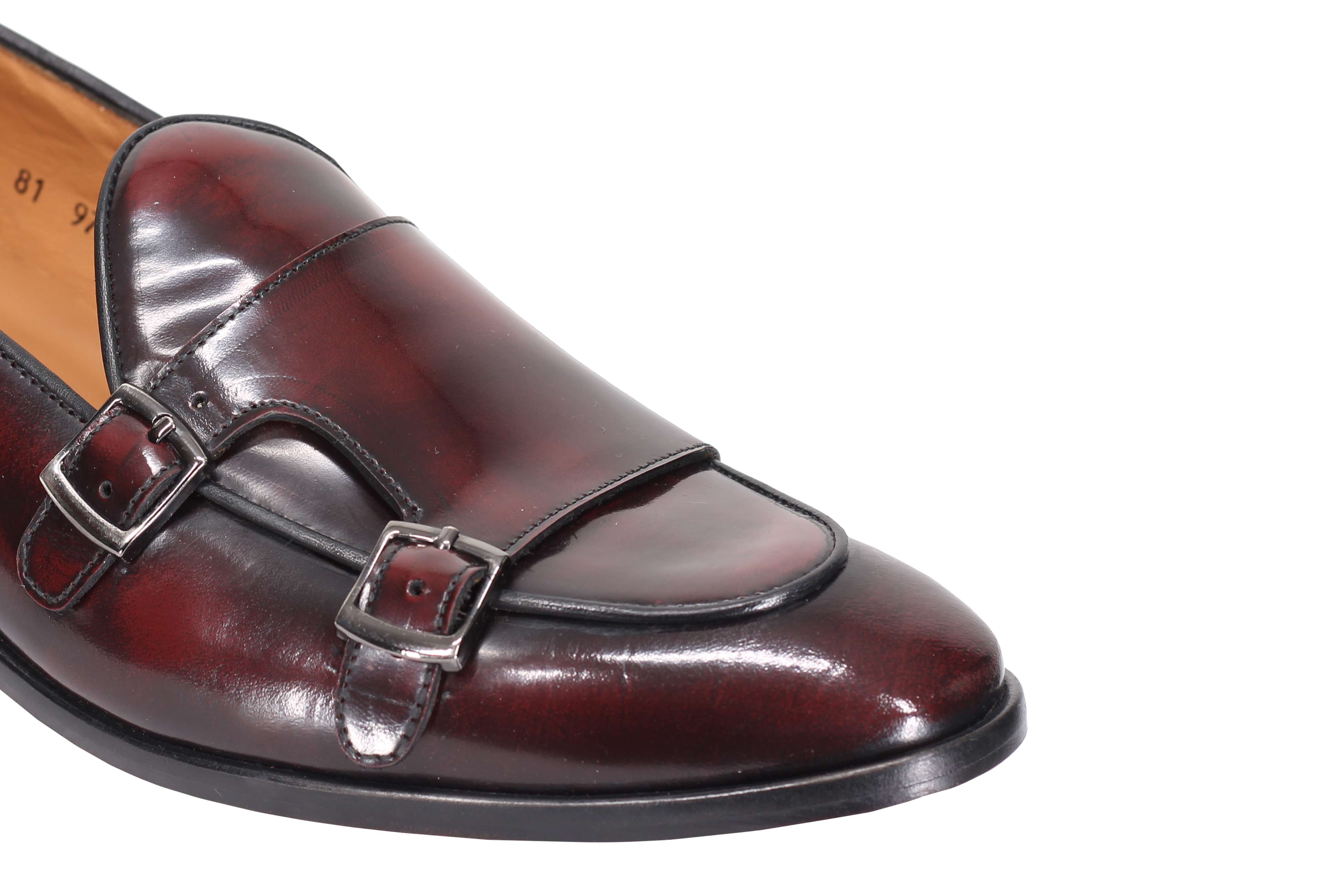 MAROON CALF LEATHER POLISHED DOUBLE MONK SHOES