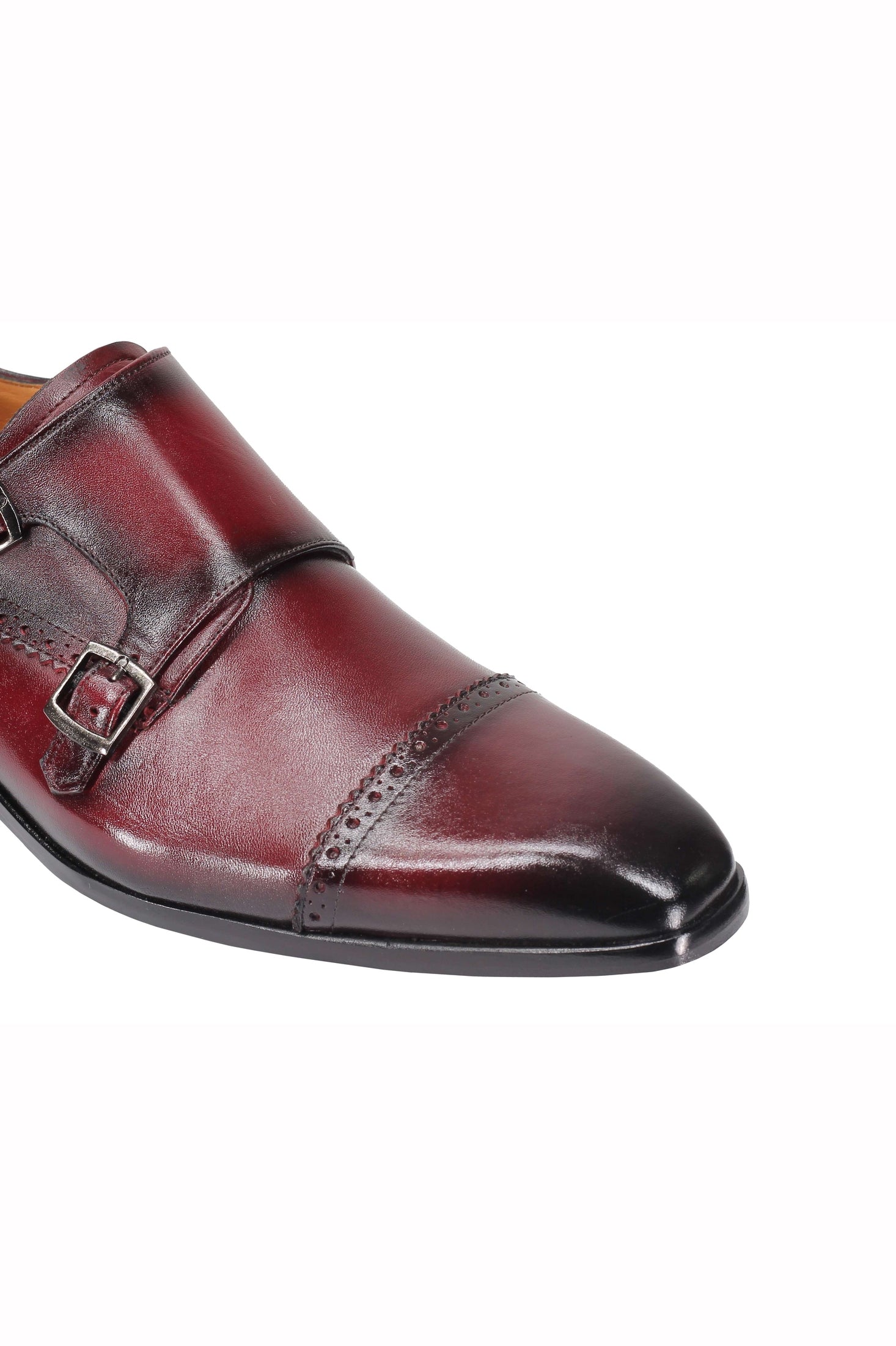 MAROON CALF LEATHER SEMI BROGUE MONK SHOES
