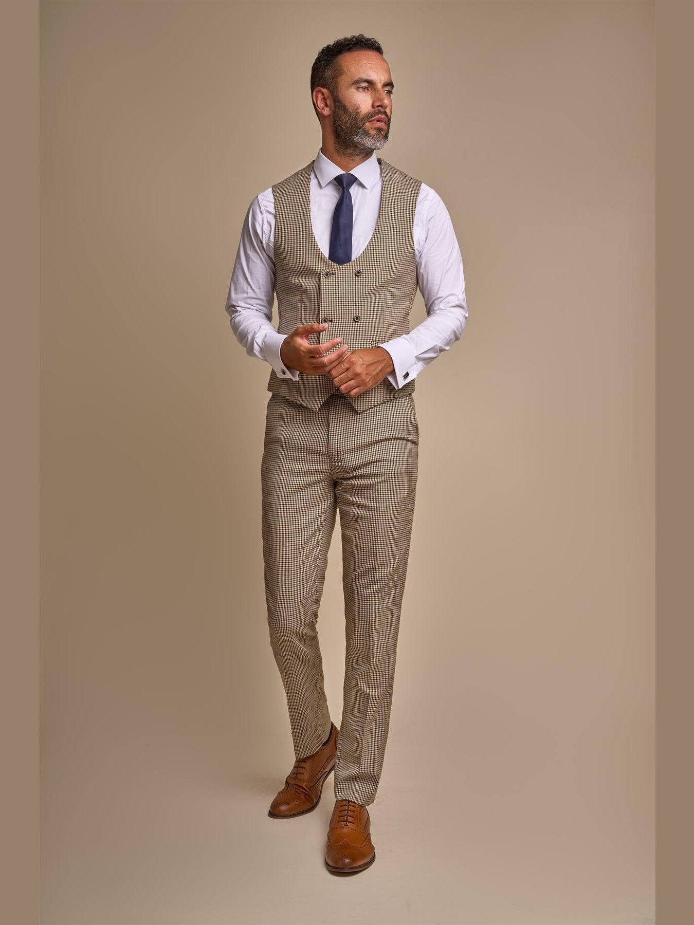 MENS ELWOOD HOUNDSTOOTH TAN THREE PIECE SUIT CAVANI