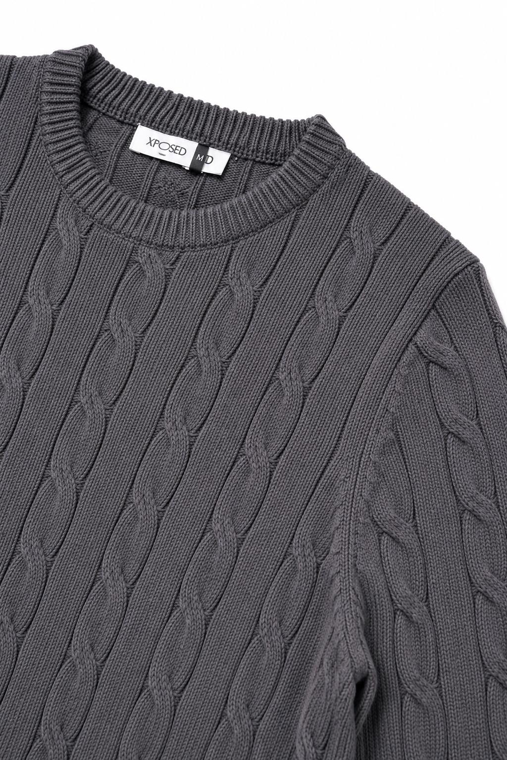 Men's Charcoal Grey 100% Cotton Fine Cable Knit Crew Neck Jumper CAVANI