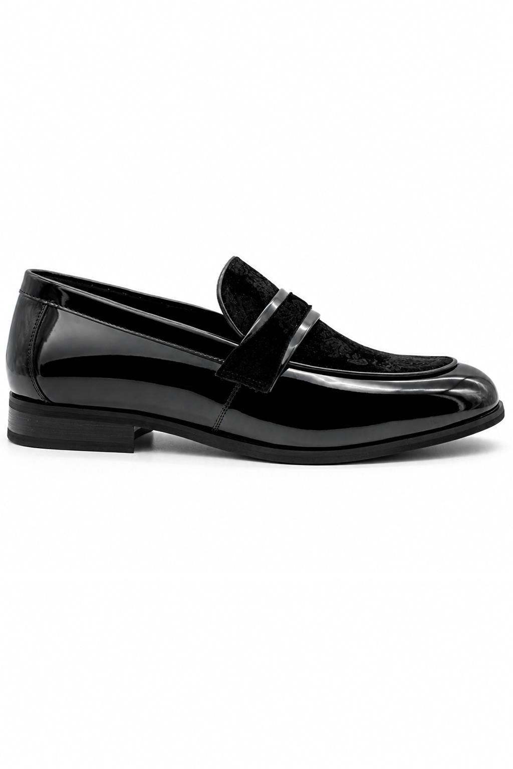 Men's Black Floral Velvet Patent Dress Loafers Sartorial Shoes