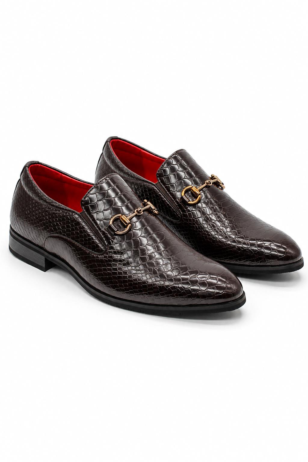 Men's Brown Patent Slip-On Loafers with Gold Snaffle Buckle Sartorial Shoes