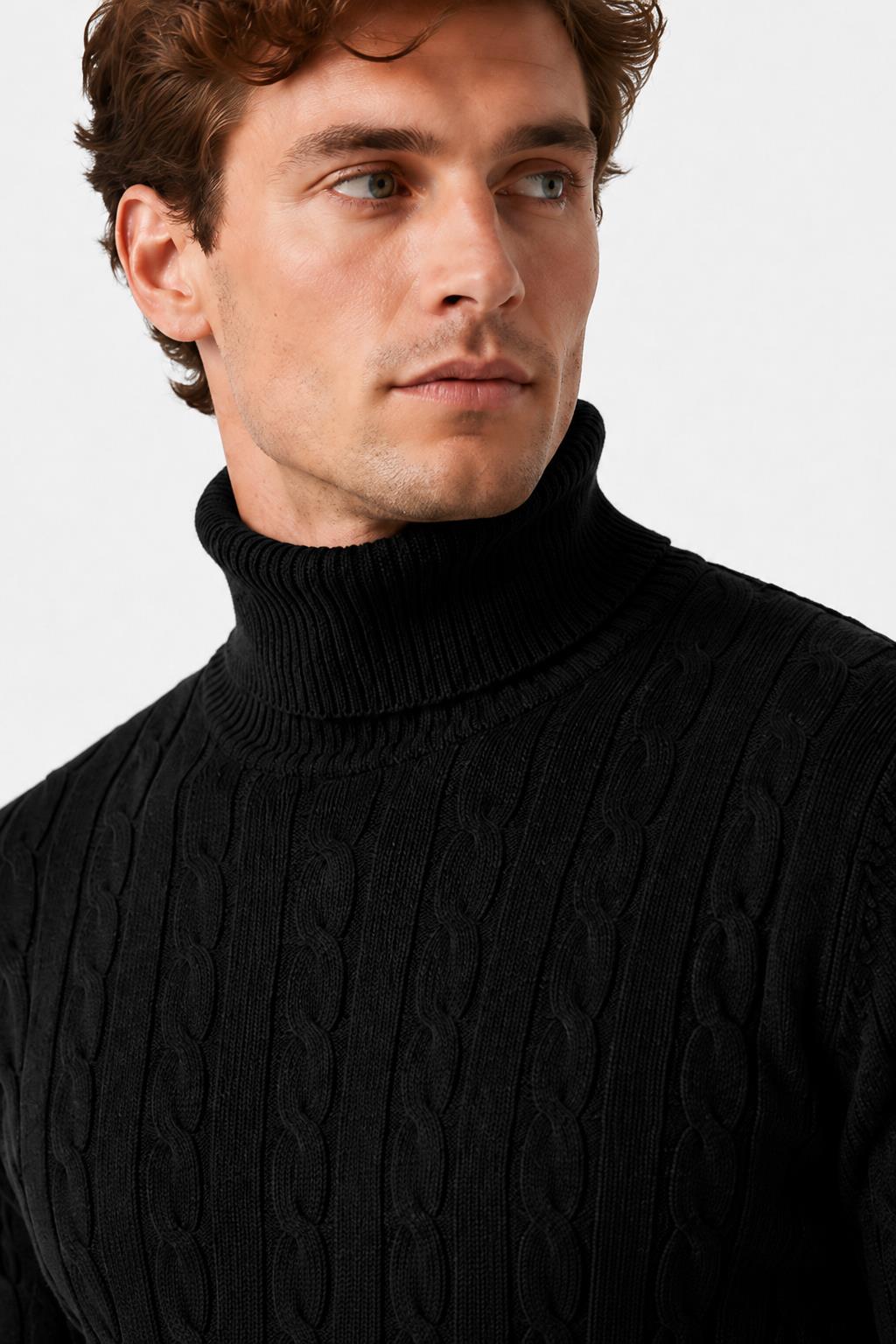 Men's Black 100% Cotton Fine Cable Knit Roll Neck Jumper CAVANI