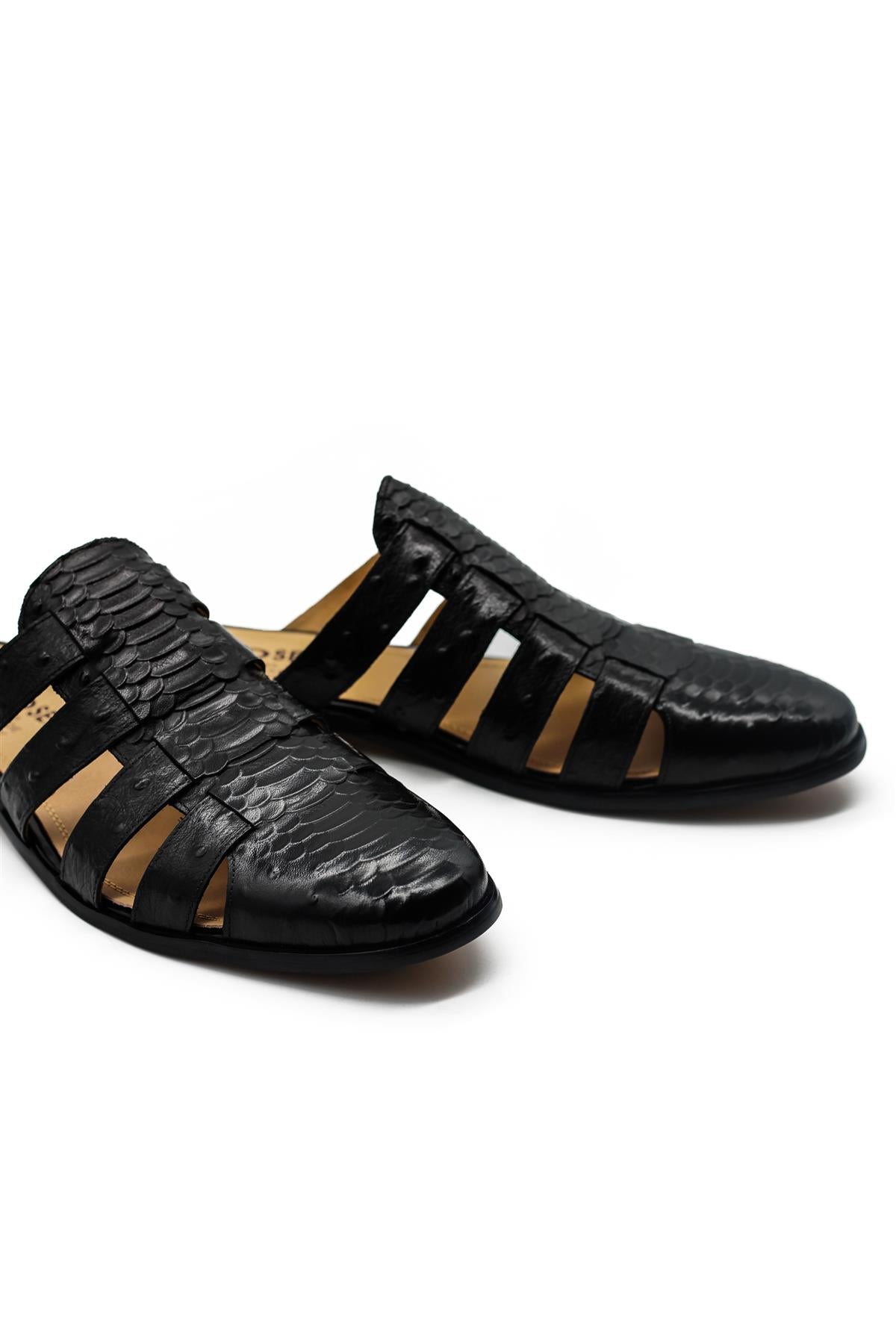 Men’s Essa Black Real Leather Mule Sandals Sartorial Shoes