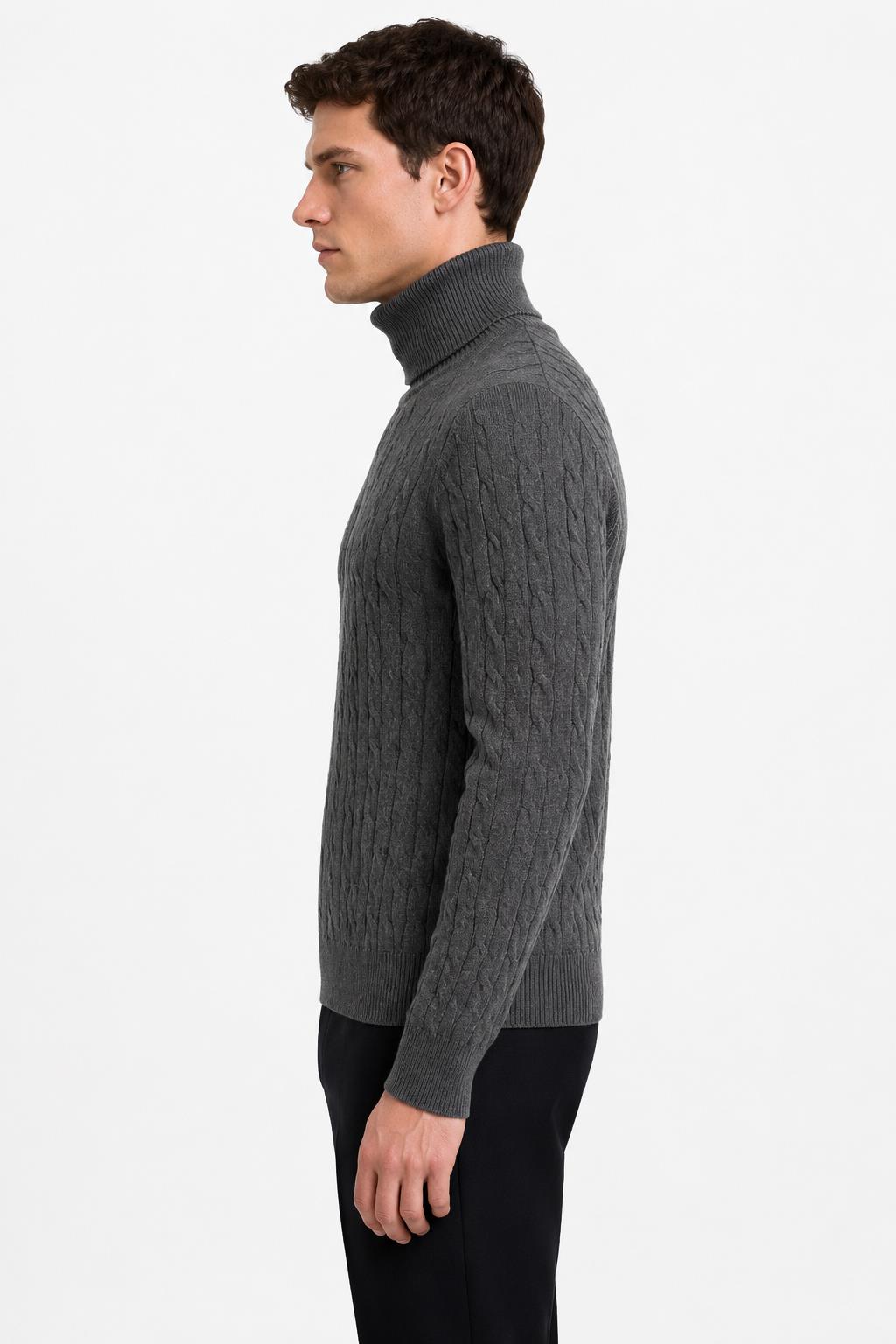 Men's Charcoal Grey 100% Cotton Fine Cable Knit Roll Neck Jumper CAVANI