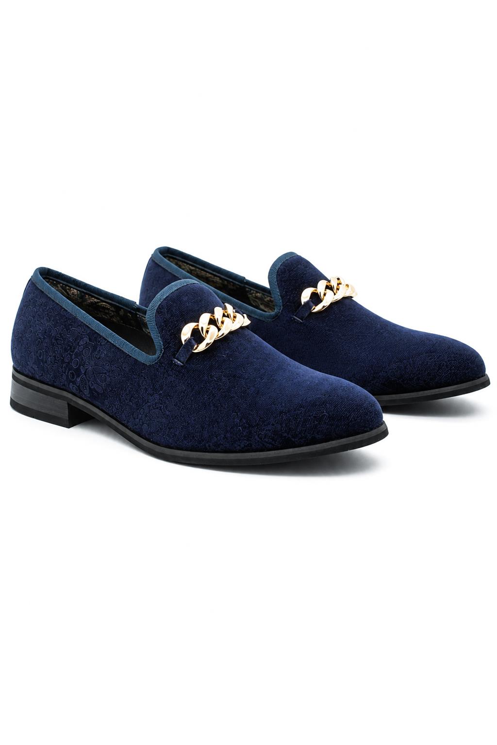 Men's Navy Floral Velvet Gold Chain Wedding Loafers Sartorial Shoes