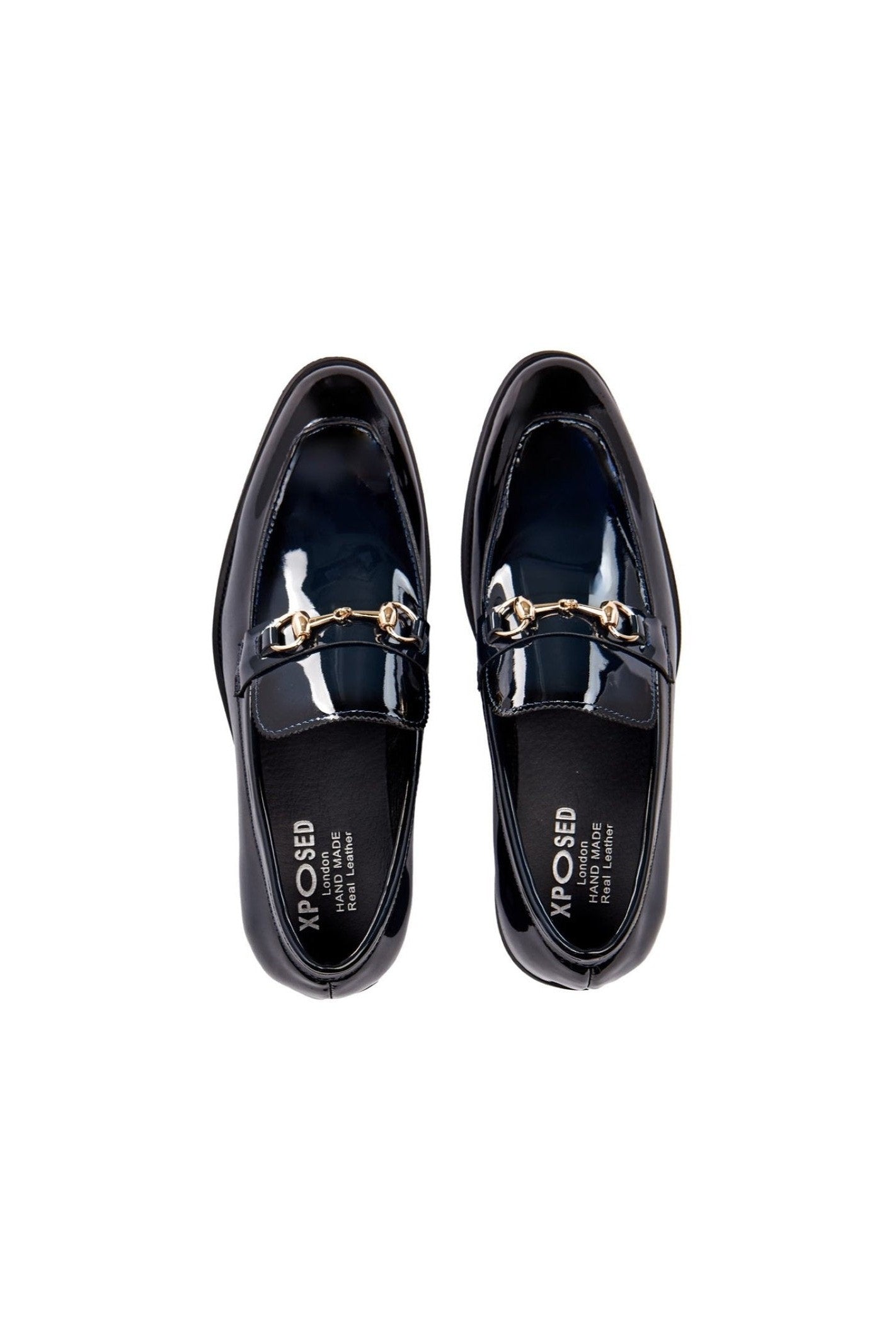 BLUE PATENT LEATHER GOLD BUCKLE LOAFERS