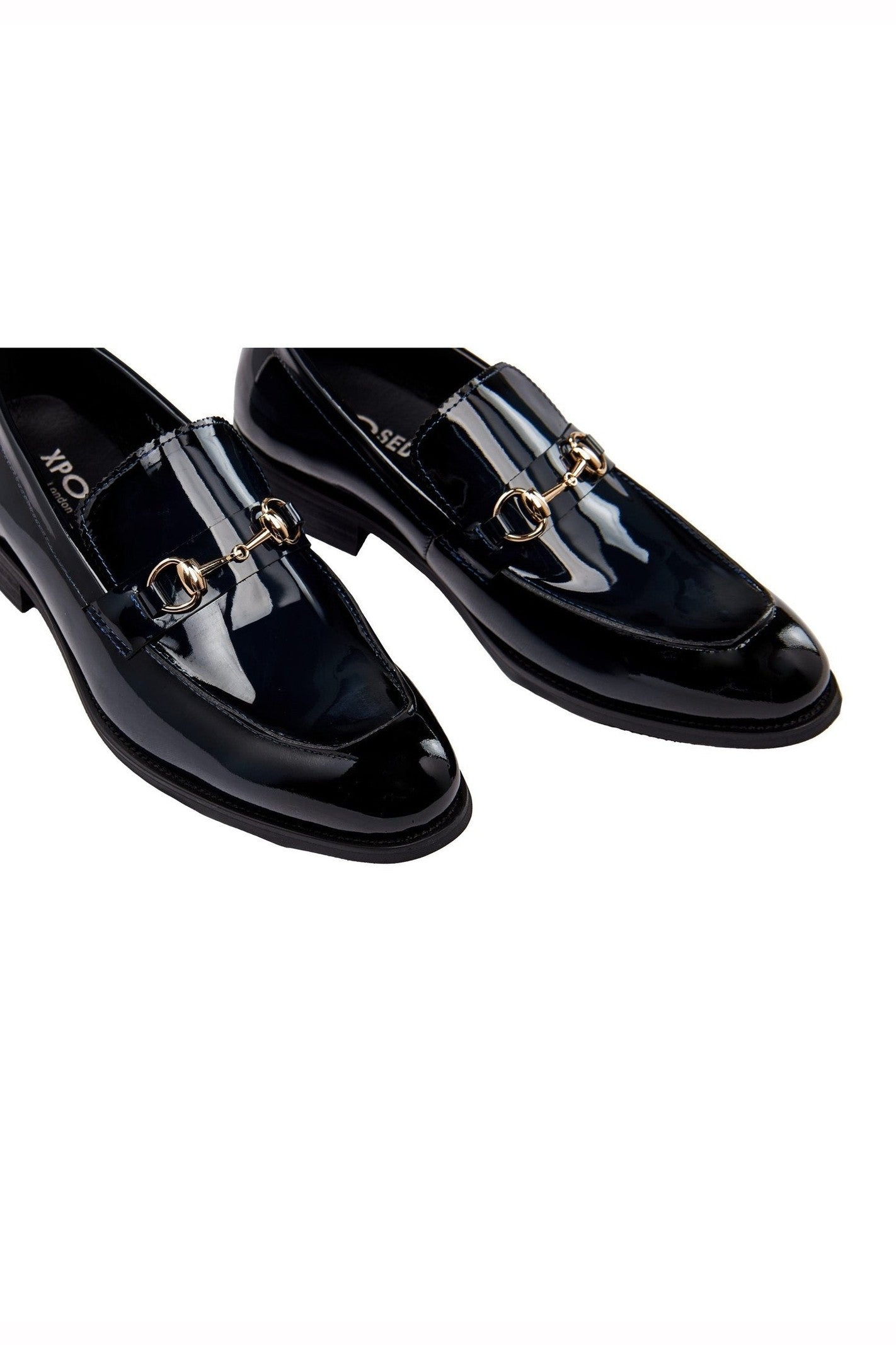 BLUE PATENT LEATHER GOLD BUCKLE LOAFERS