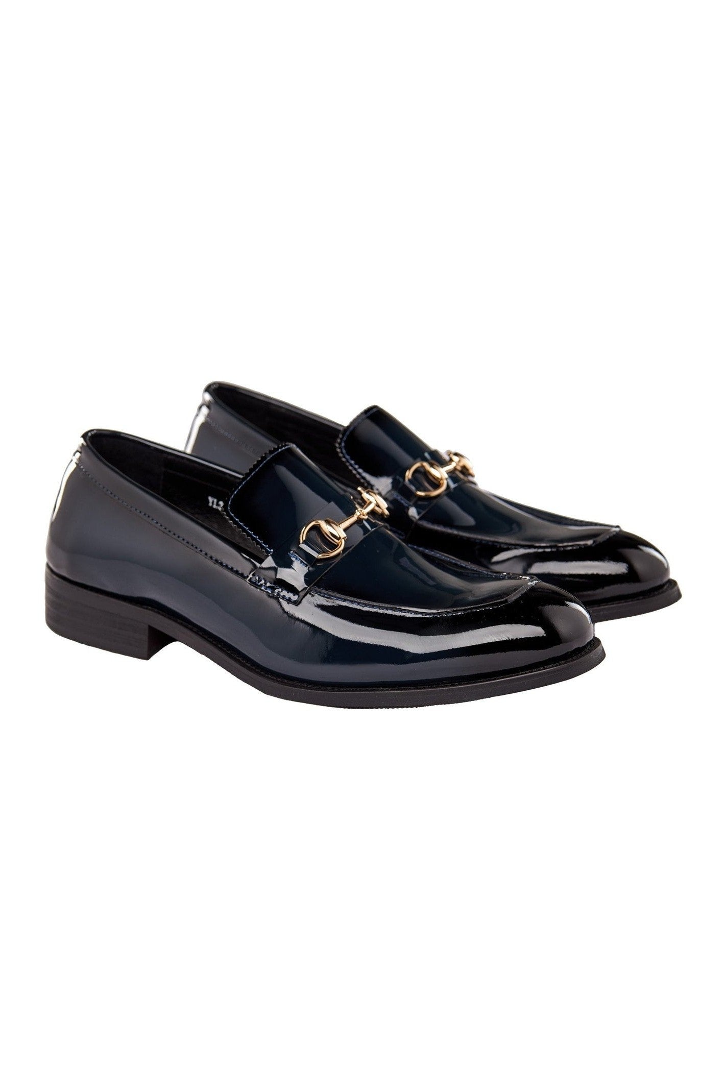 BLUE PATENT LEATHER GOLD BUCKLE LOAFERS