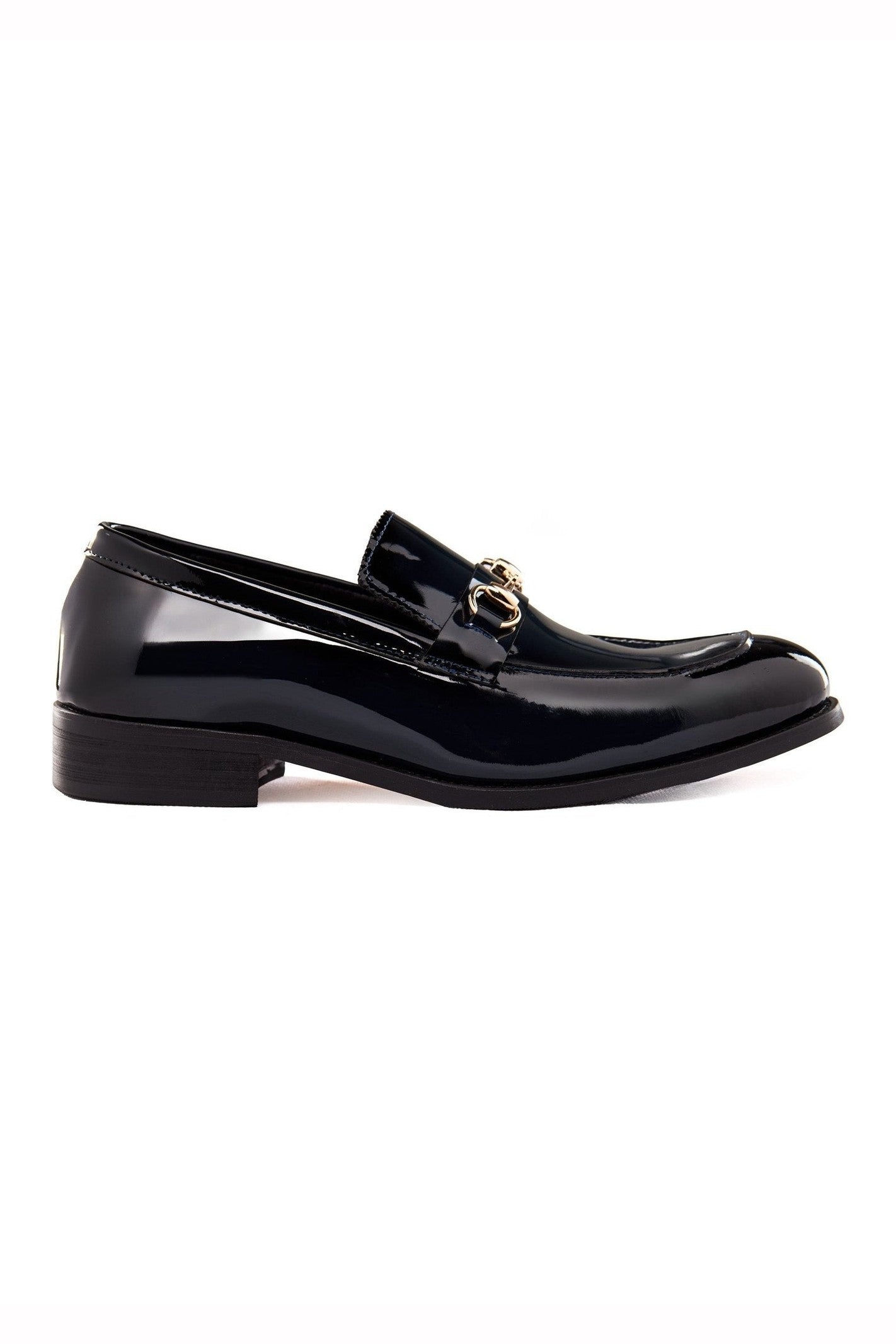 BLUE PATENT LEATHER GOLD BUCKLE LOAFERS