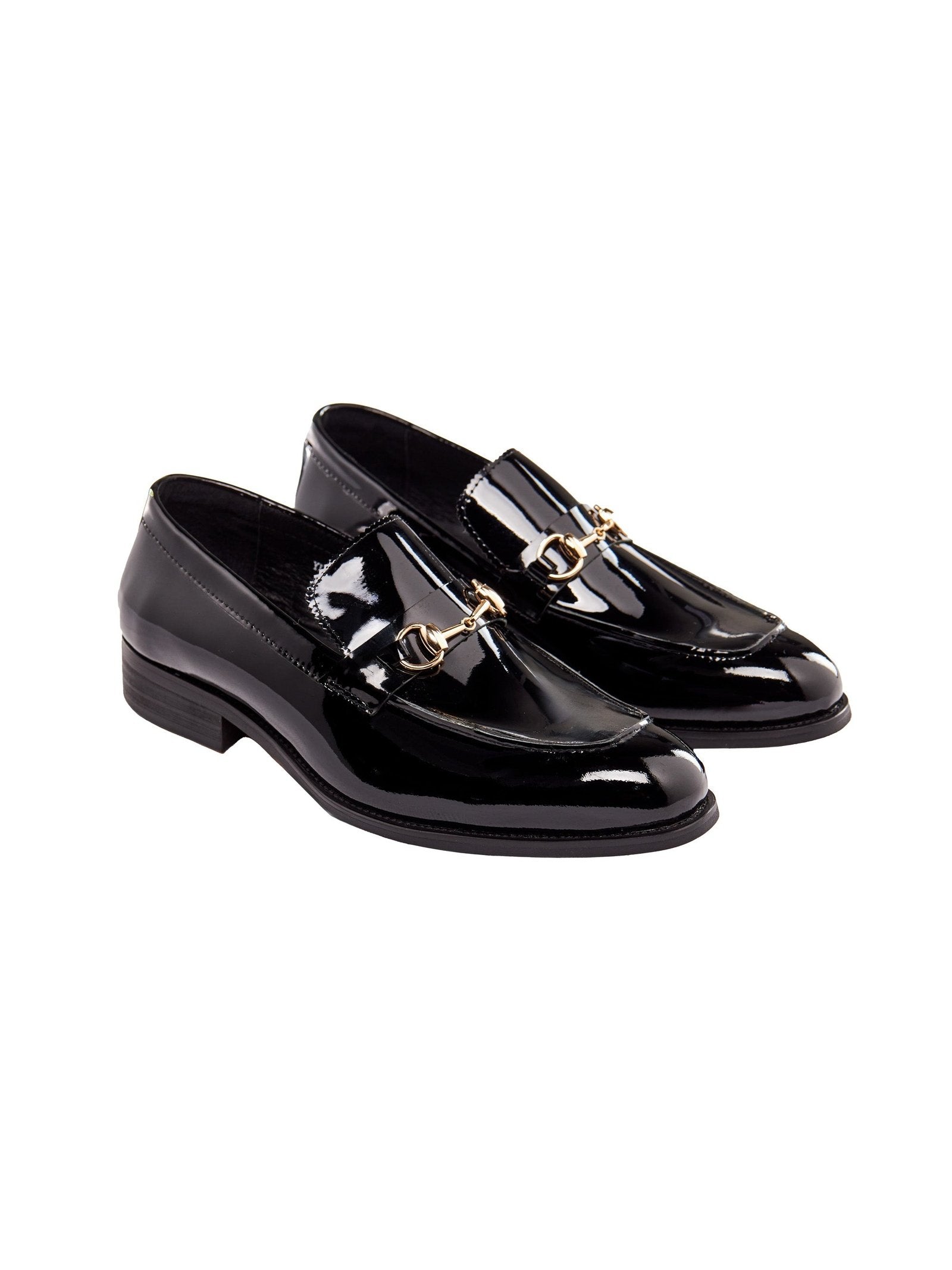 BLACK PATENT LEATHER GOLD BUCKLE LOAFERS