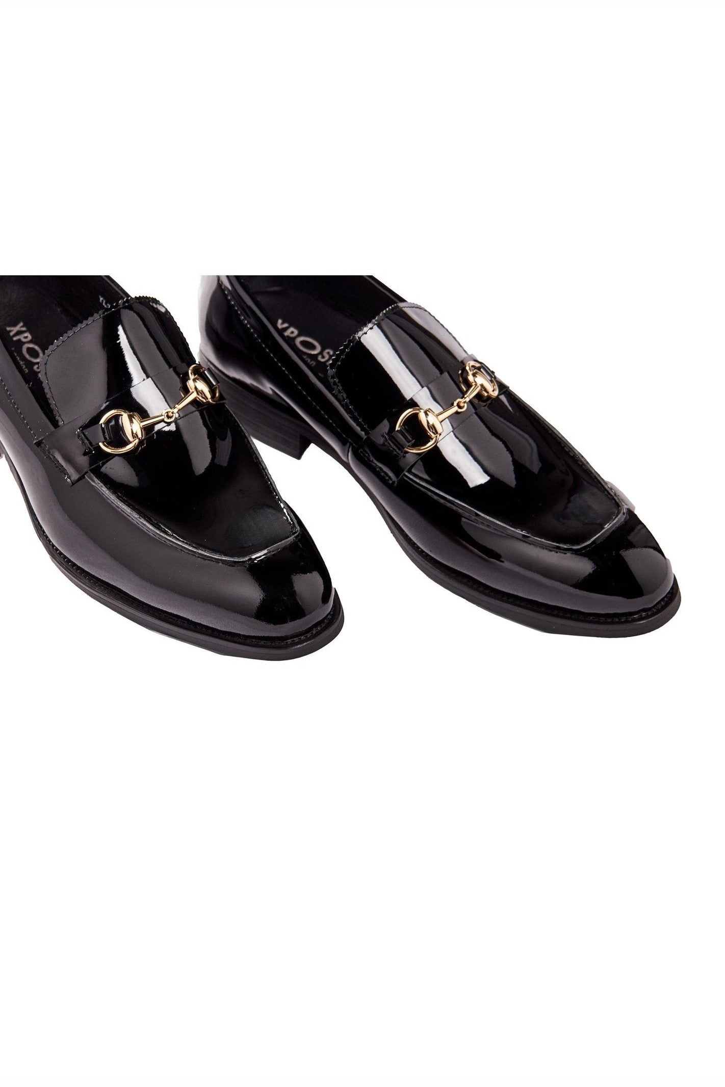 BLACK PATENT LEATHER GOLD BUCKLE LOAFERS