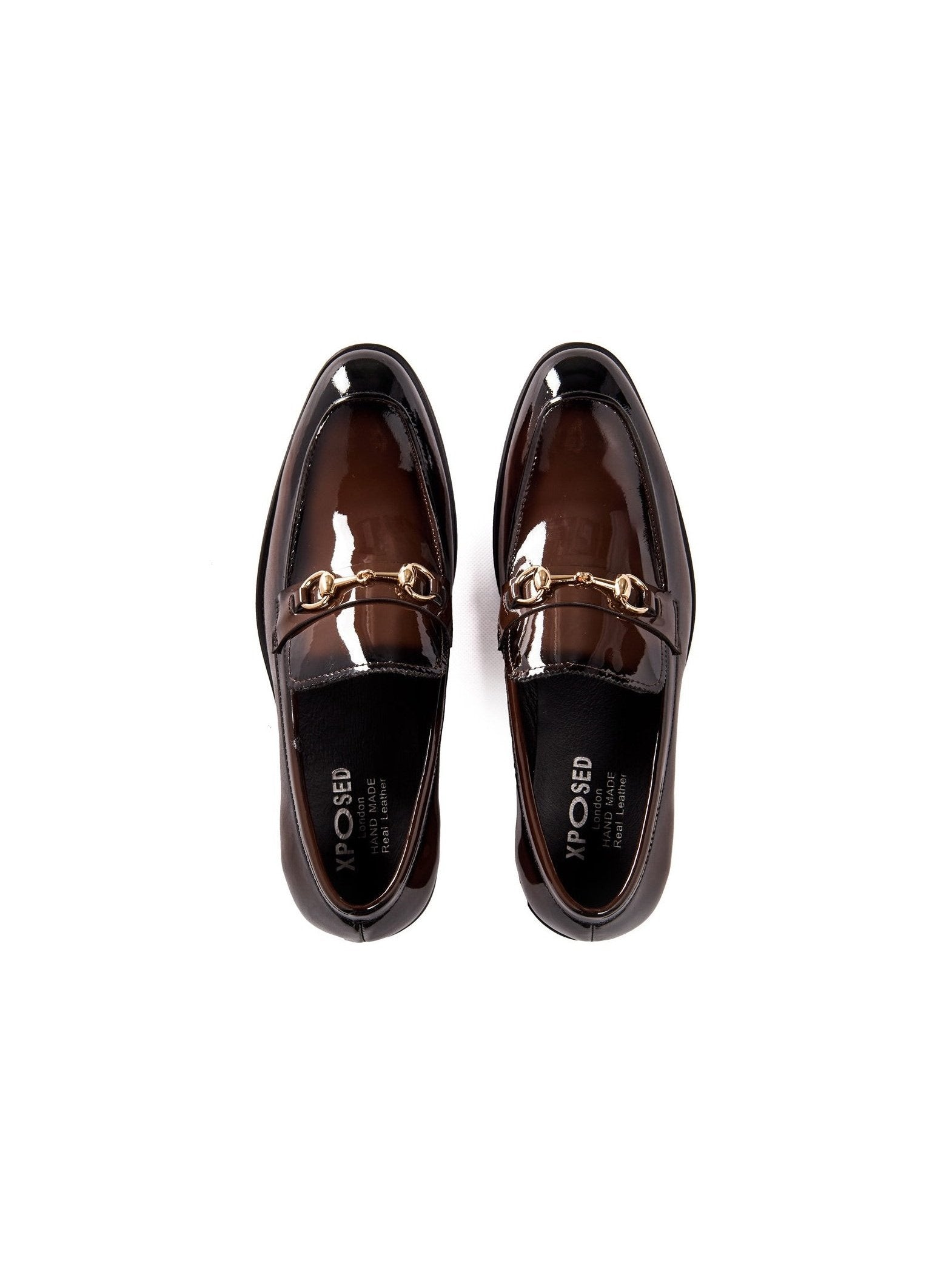 BROWN PATENT LEATHER GOLD BUCKLE LOAFERS