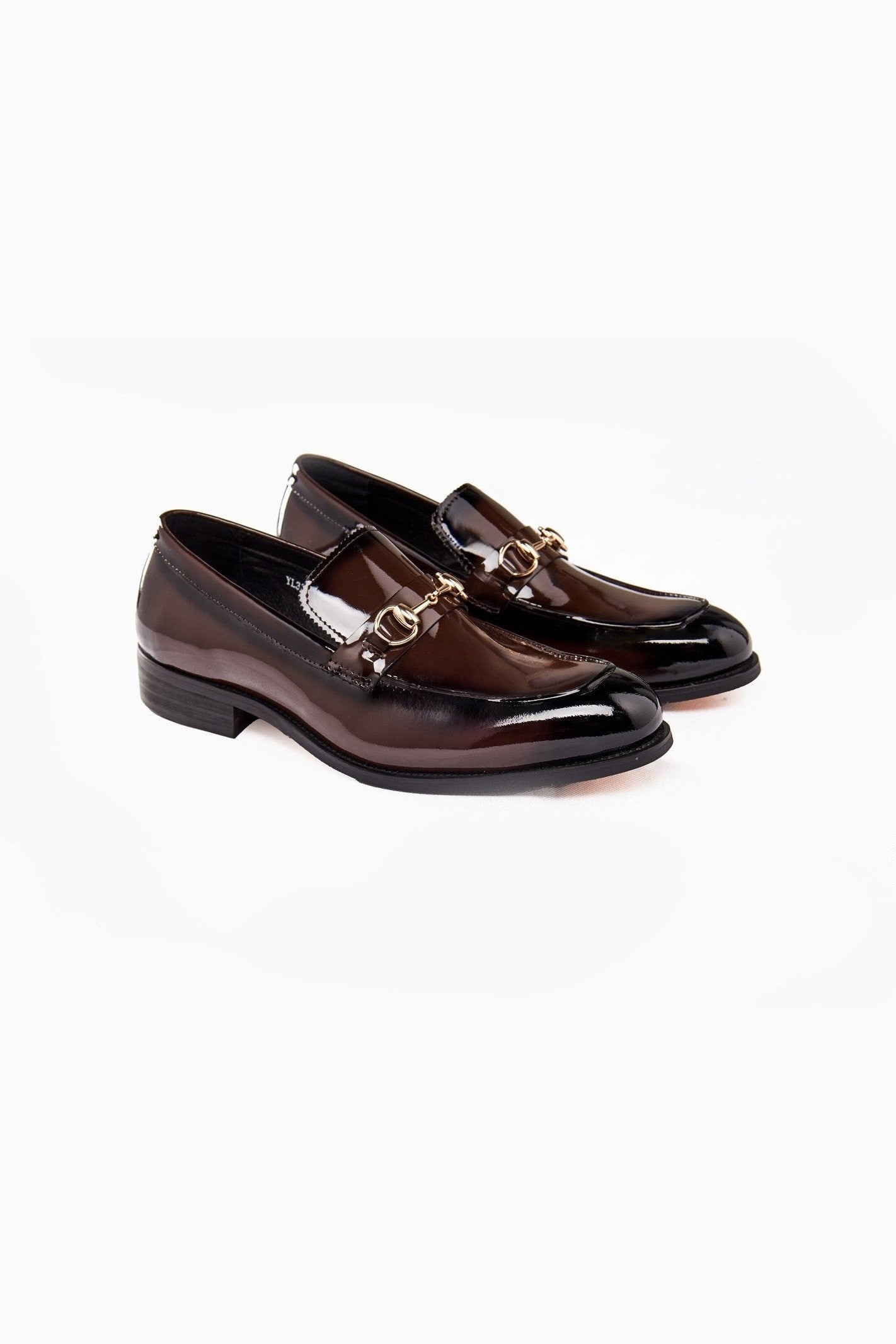 BROWN PATENT LEATHER GOLD BUCKLE LOAFERS