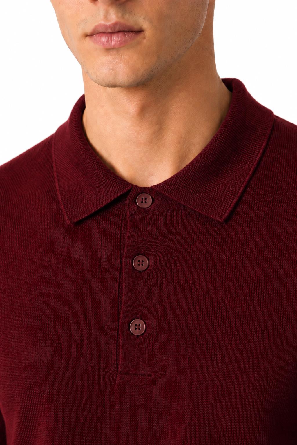 Men's Maroon 100% Cotton Fine Knit Button Neck Polo Jumper CAVANI