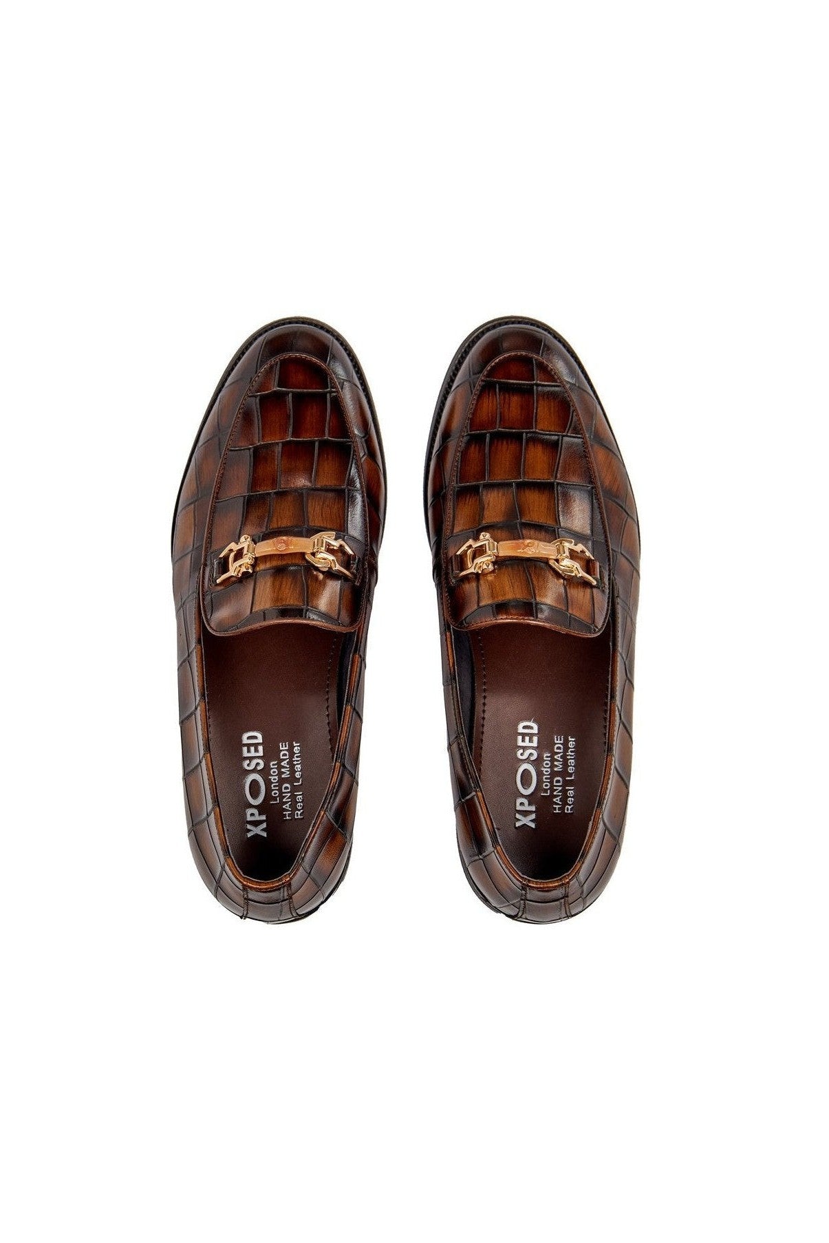 BROWN PRINTED GOLD BUCKLE LOAFERS