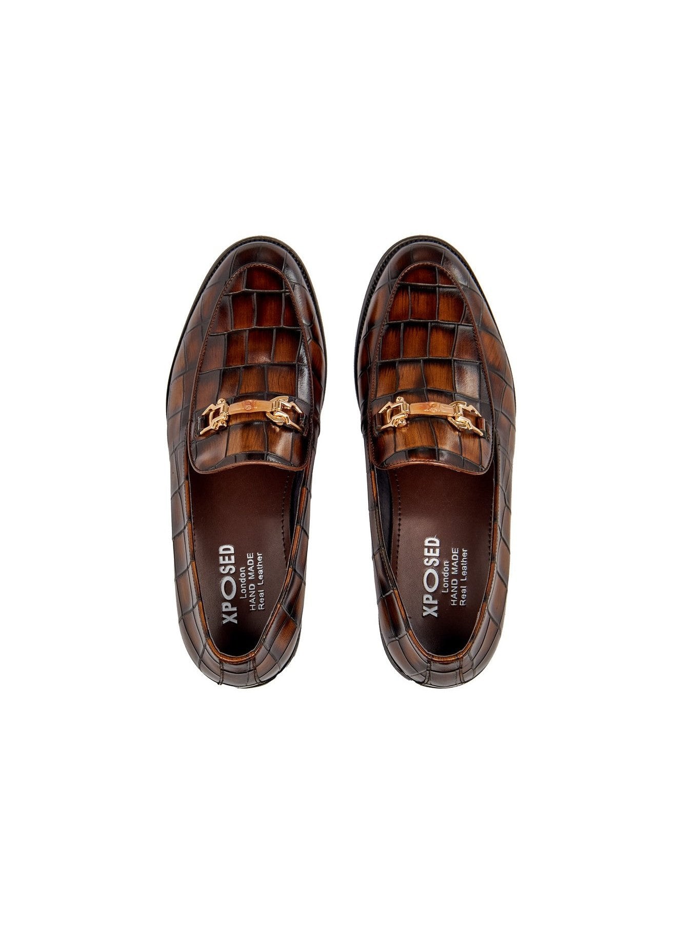 BROWN PRINTED GOLD BUCKLE LOAFERS