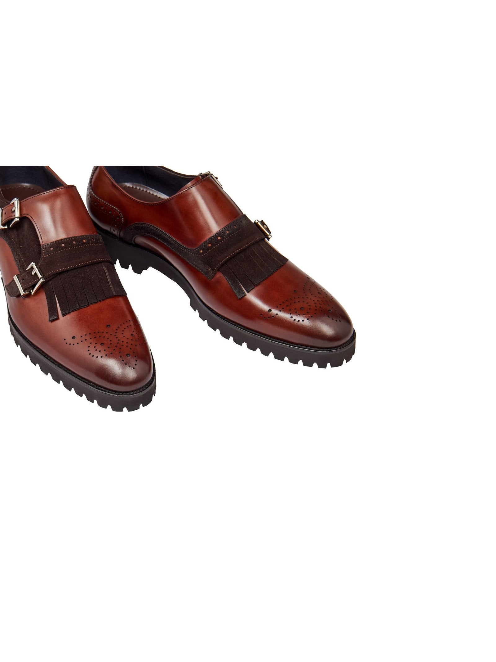 BROWN LEATHER & SUEDE DOUBLE MONK SHOES