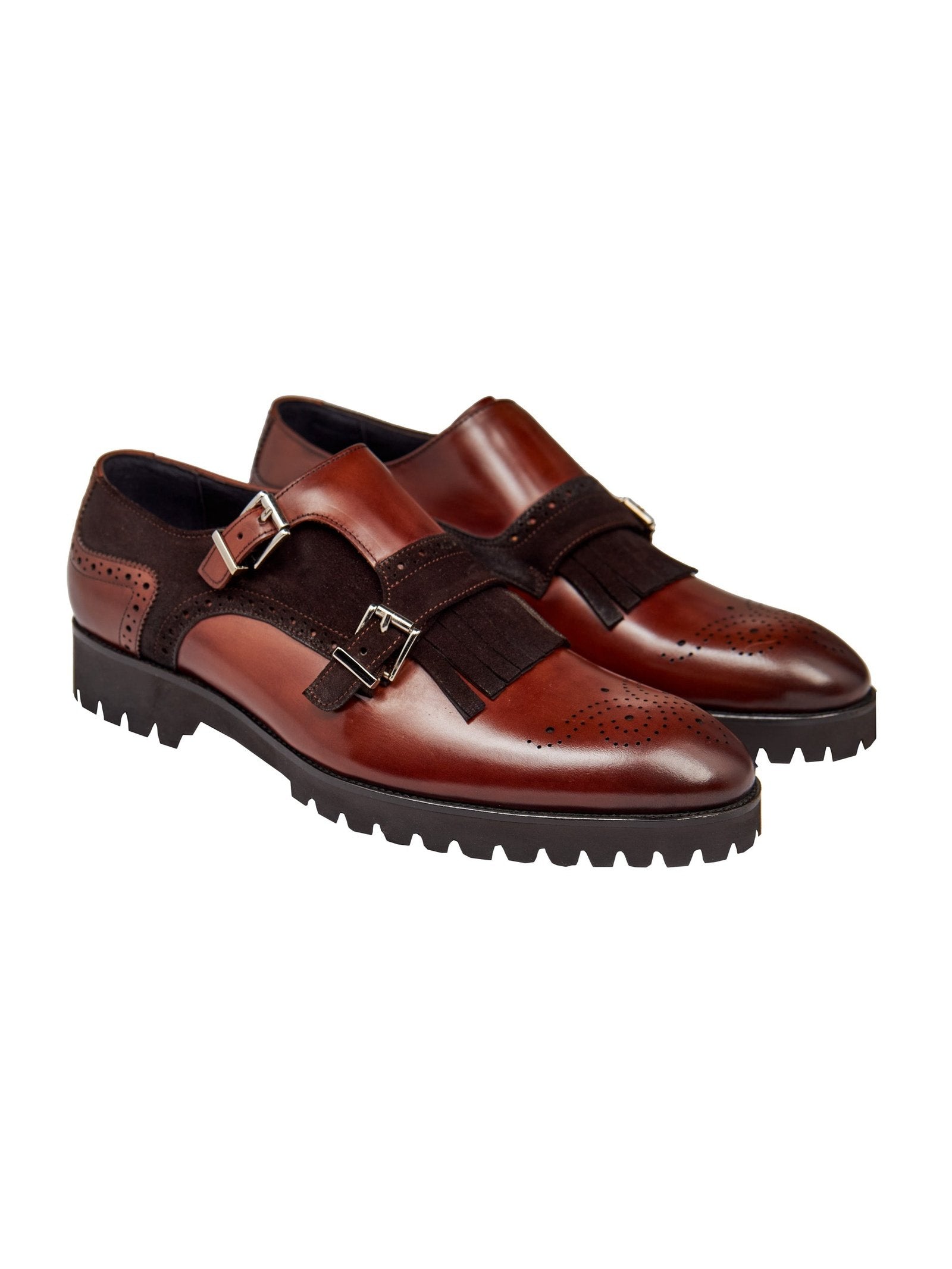BROWN LEATHER & SUEDE DOUBLE MONK SHOES
