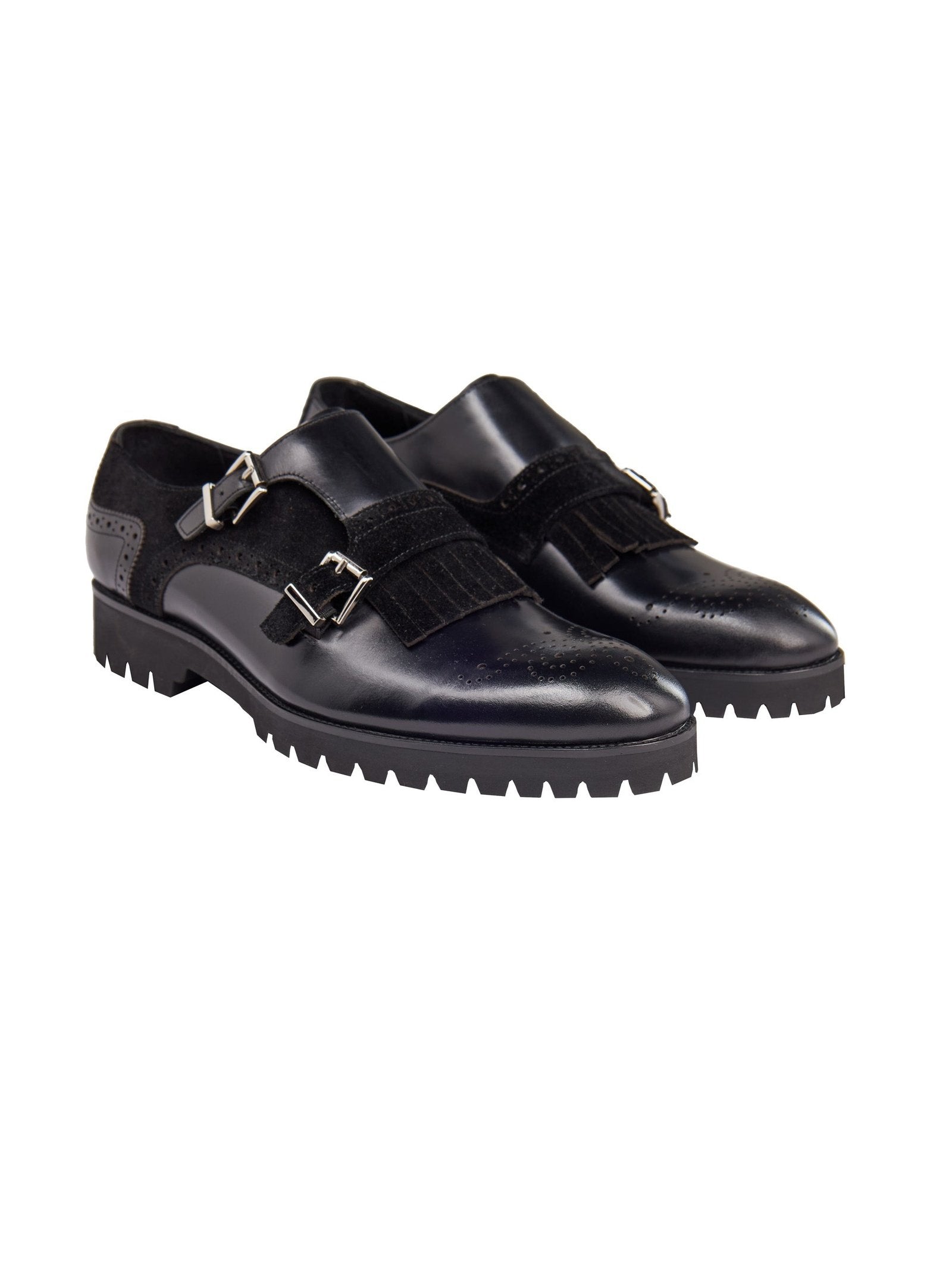 BLACK LEATHER & SUEDE DOUBLE MONK SHOES
