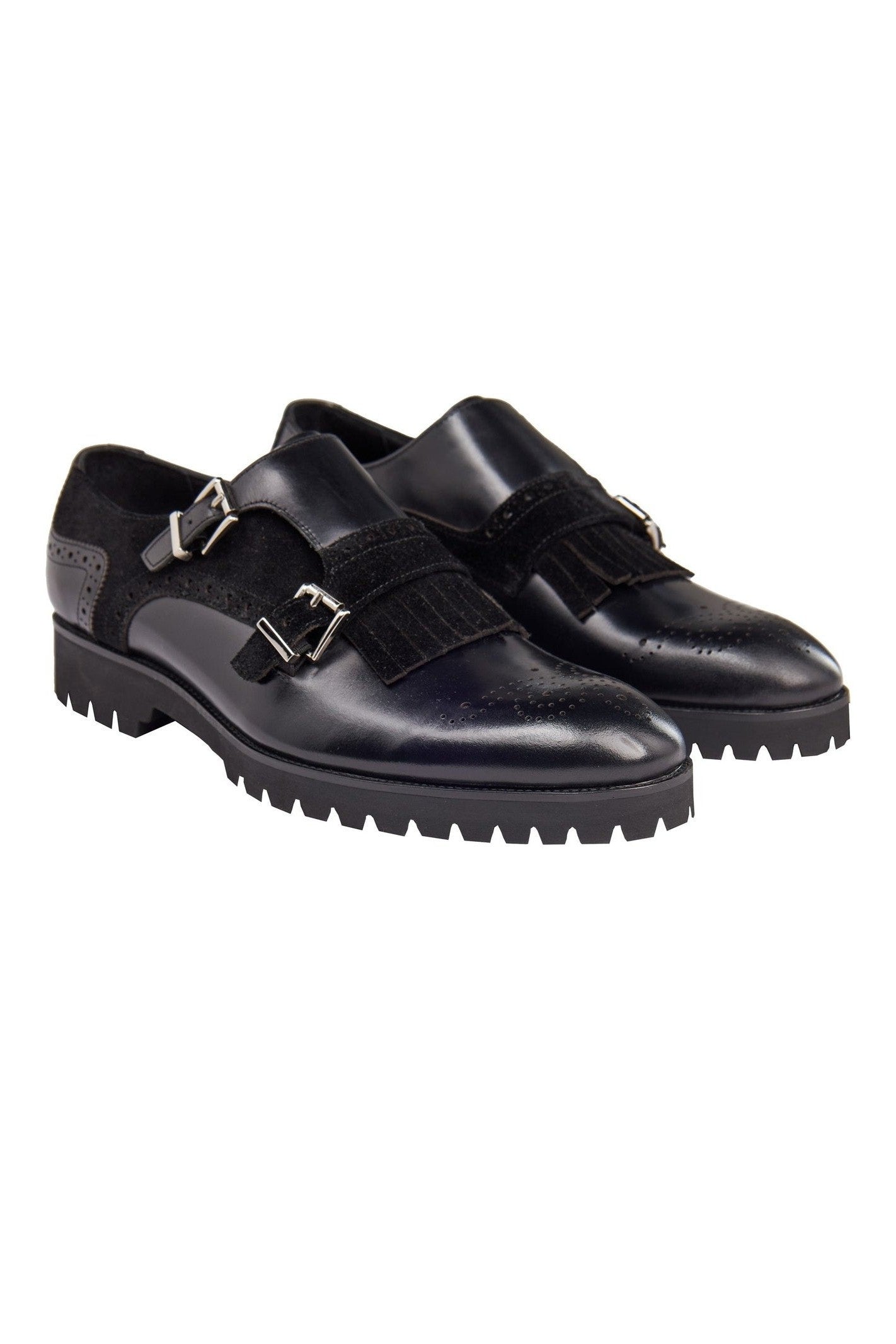 BLACK LEATHER & SUEDE DOUBLE MONK SHOES