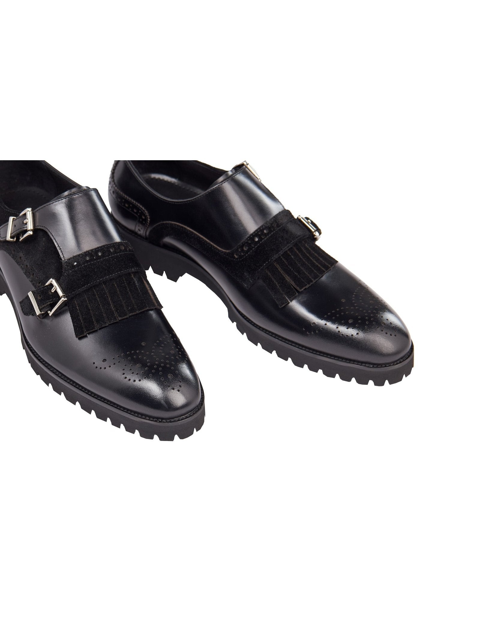BLACK LEATHER & SUEDE DOUBLE MONK SHOES