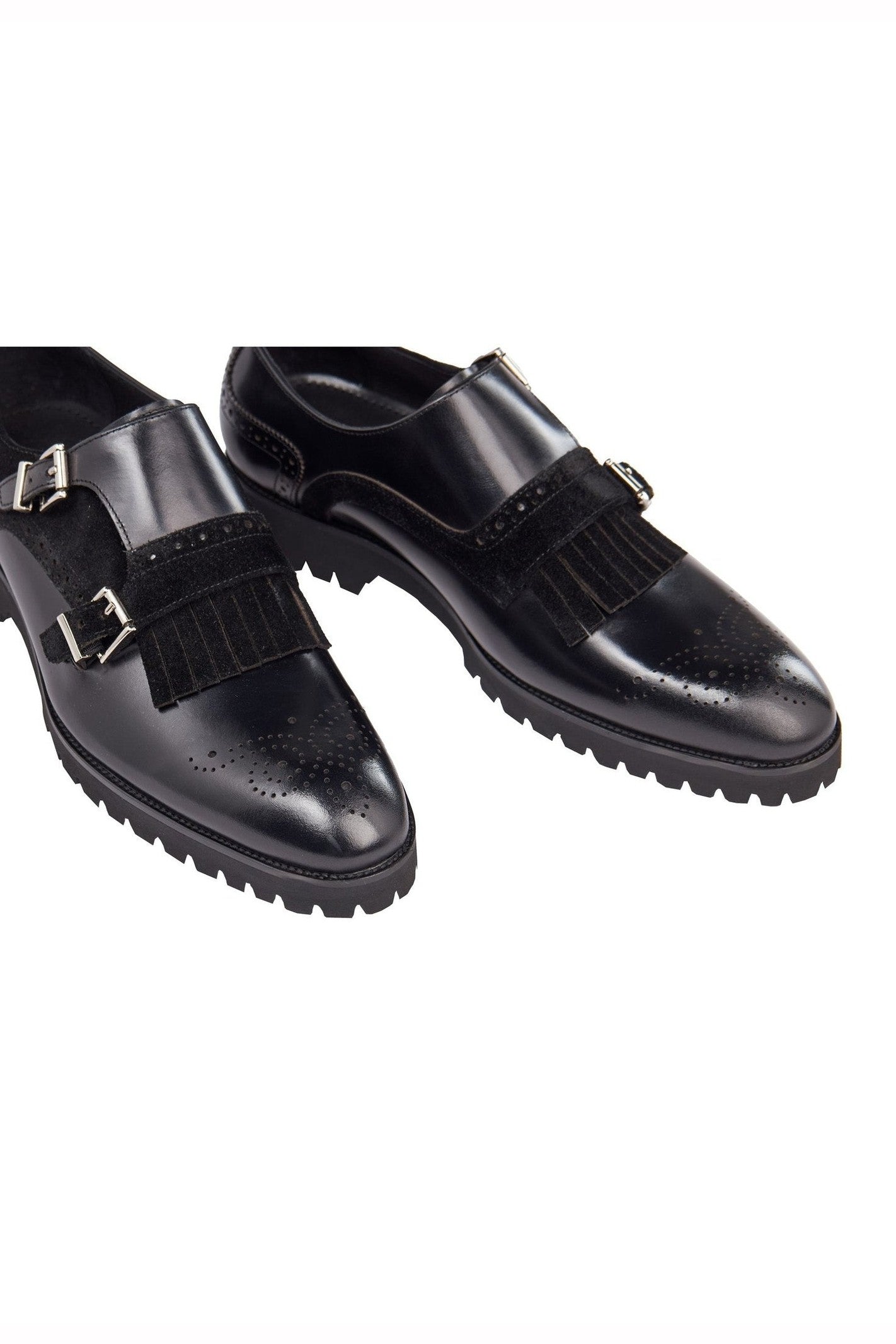 BLACK LEATHER & SUEDE DOUBLE MONK SHOES