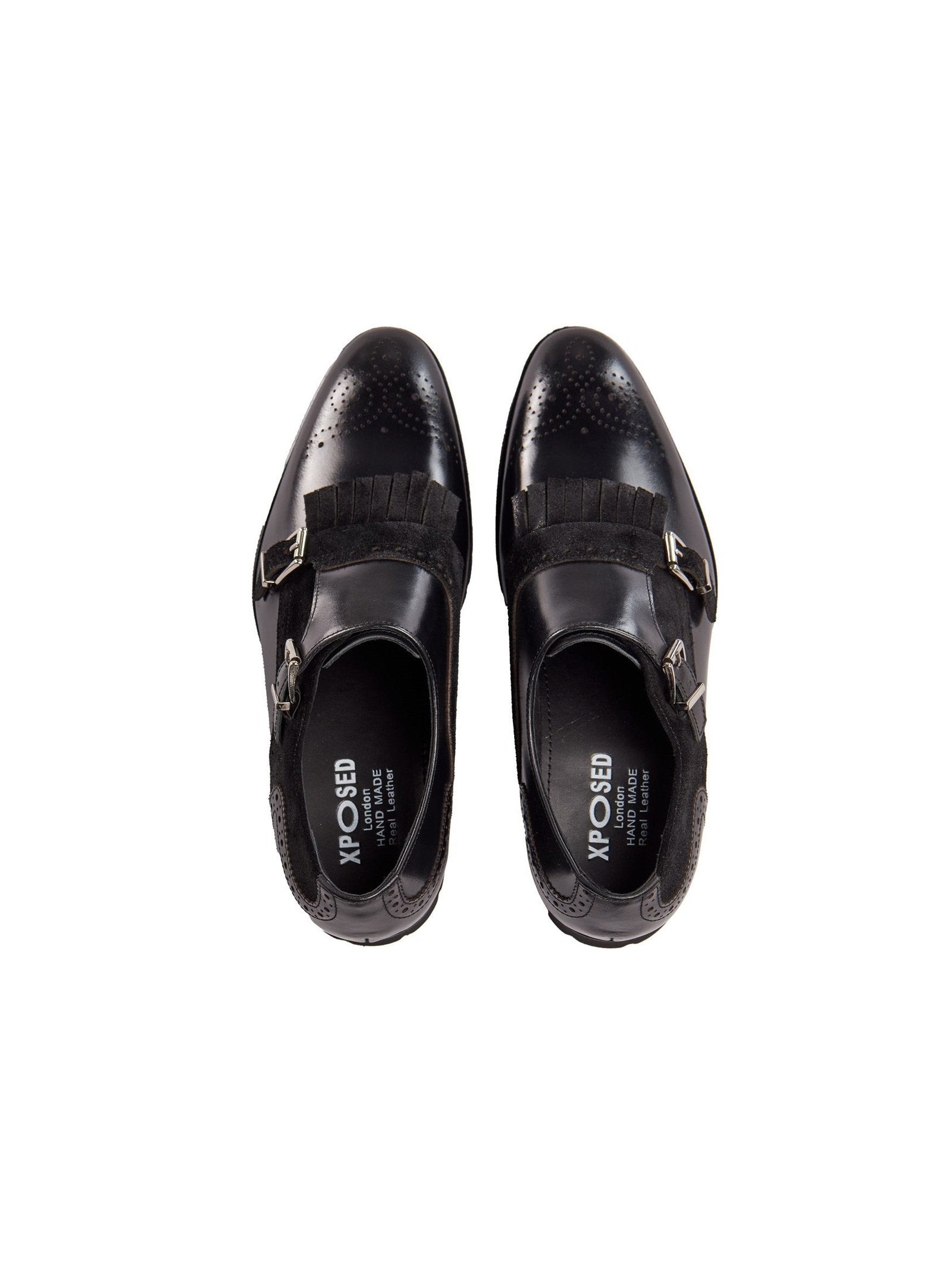 BLACK LEATHER & SUEDE DOUBLE MONK SHOES