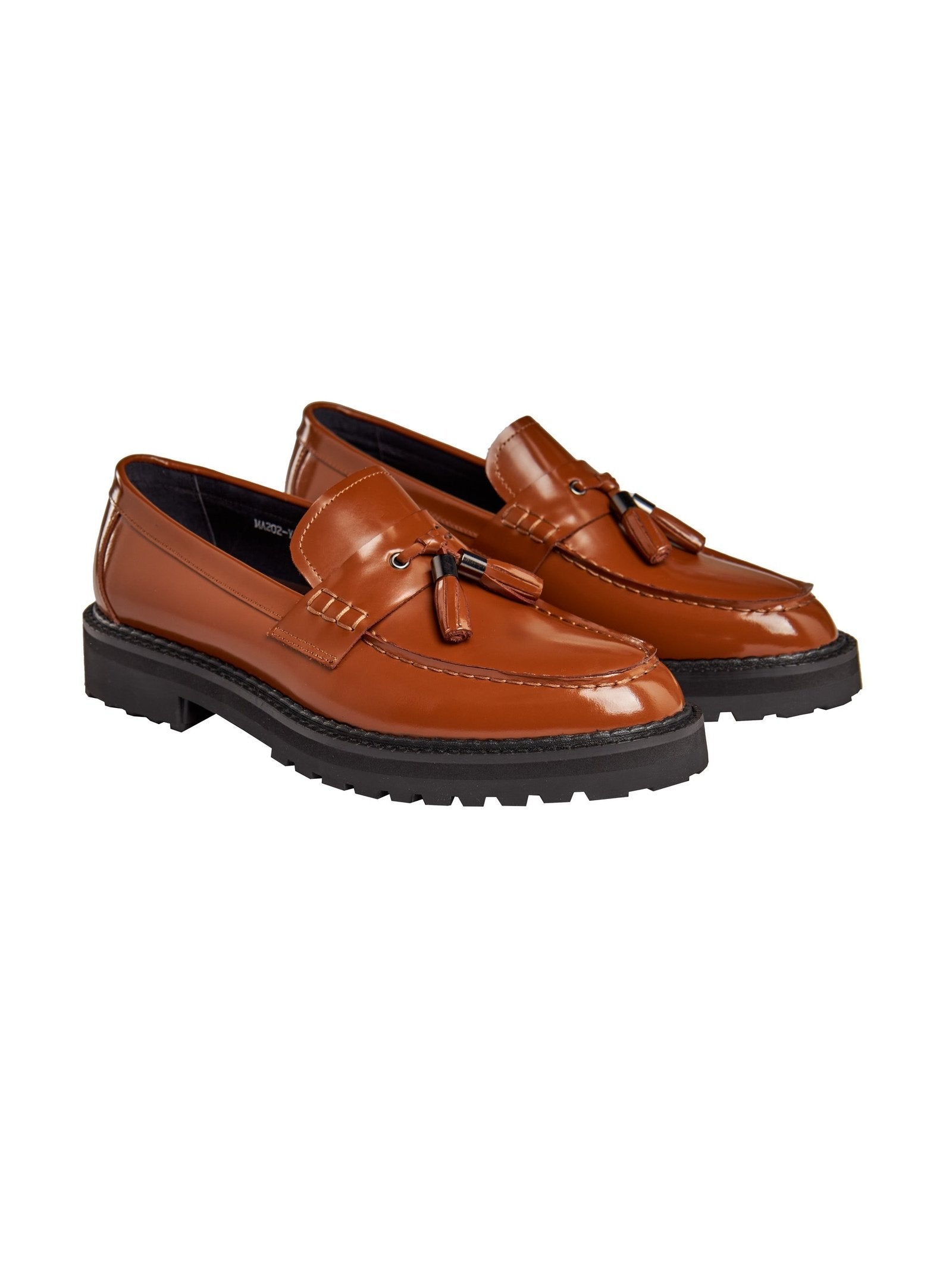 TAN PATENT LEATHER TASSEL LOAFERS