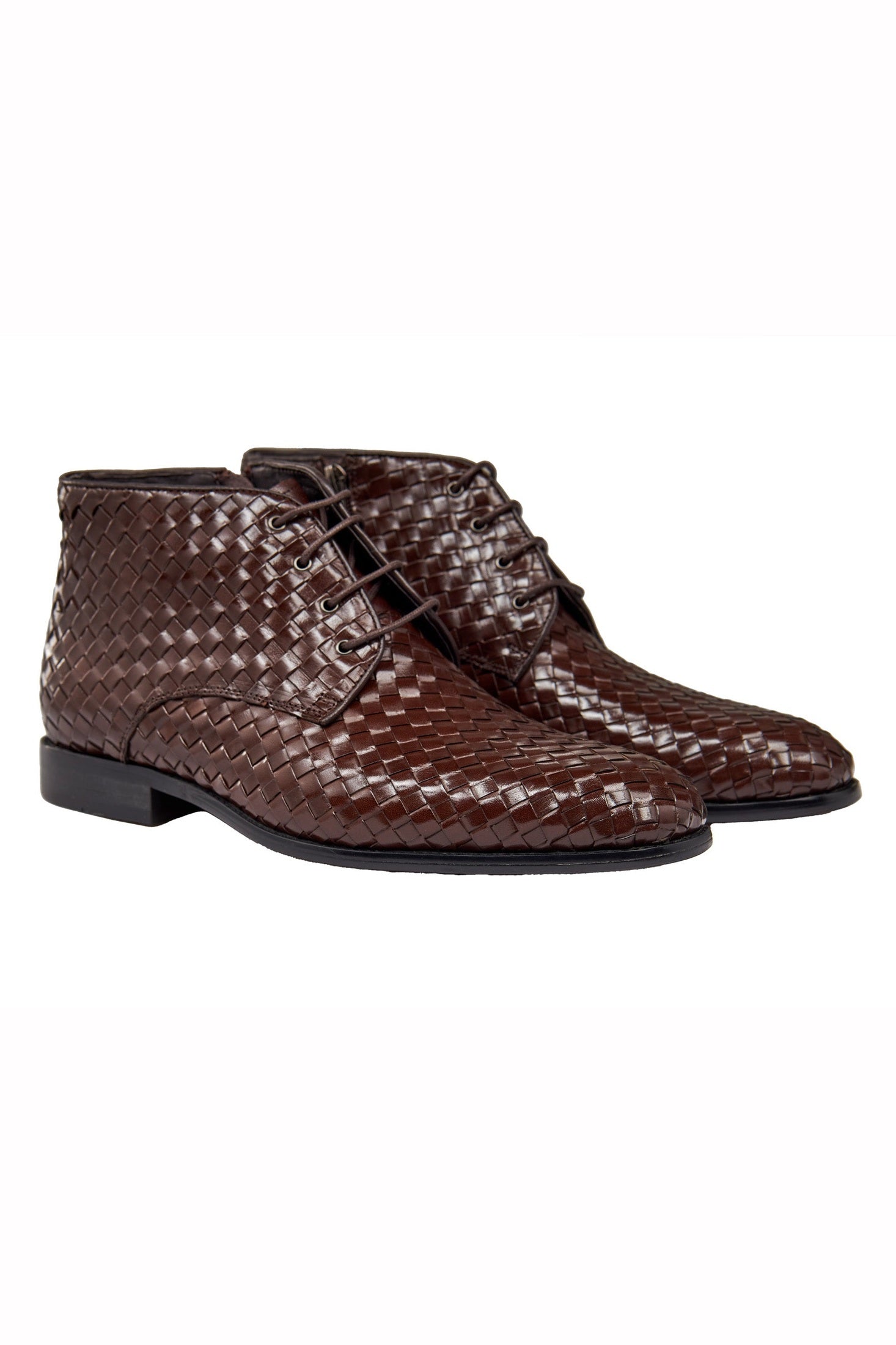 BROWN WOVEN LEATHER CHUKKA BOOTS XPOSED London
