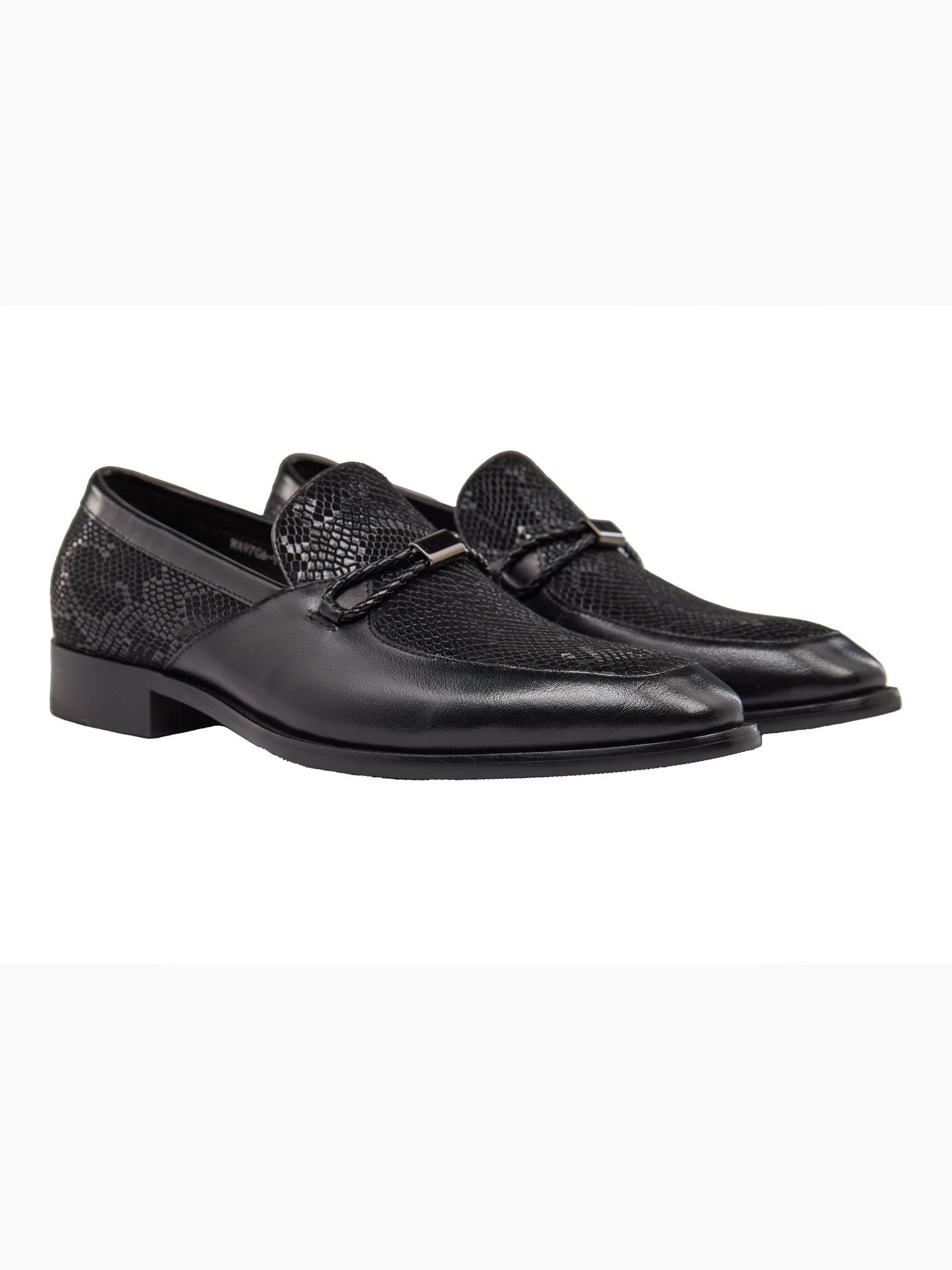 BLACK LEATHER PRINTED LOAFERS
