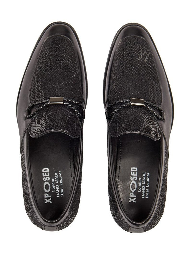 BLACK LEATHER PRINTED LOAFERS
