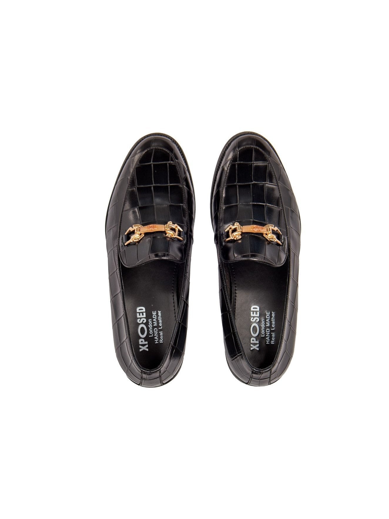 BLACK PRINTED GOLD BUCKLE LOAFERS